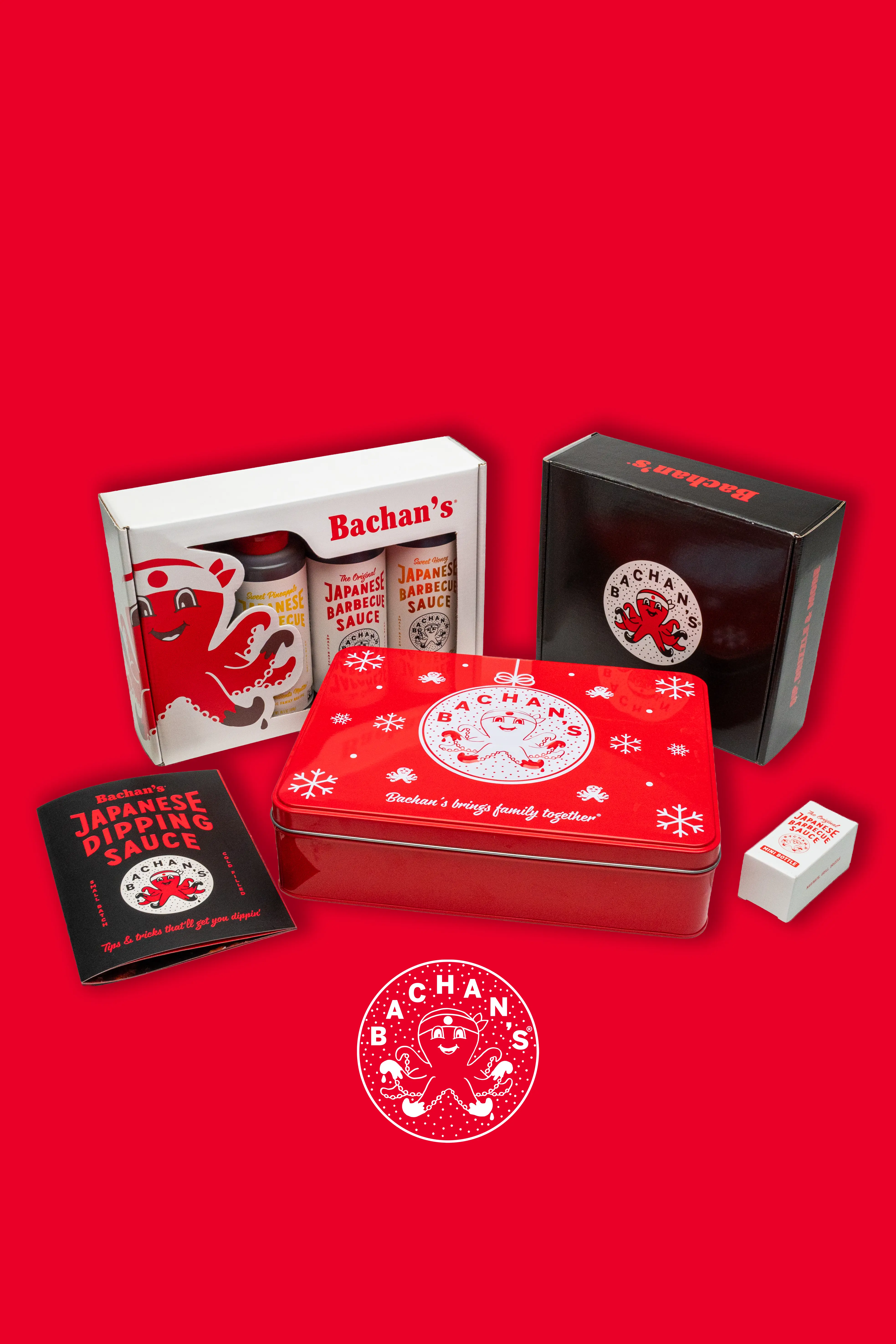 Bachan's packaging, showing dipping sauce, a pack of 4 barbecue sauces, and a red novelty tin.