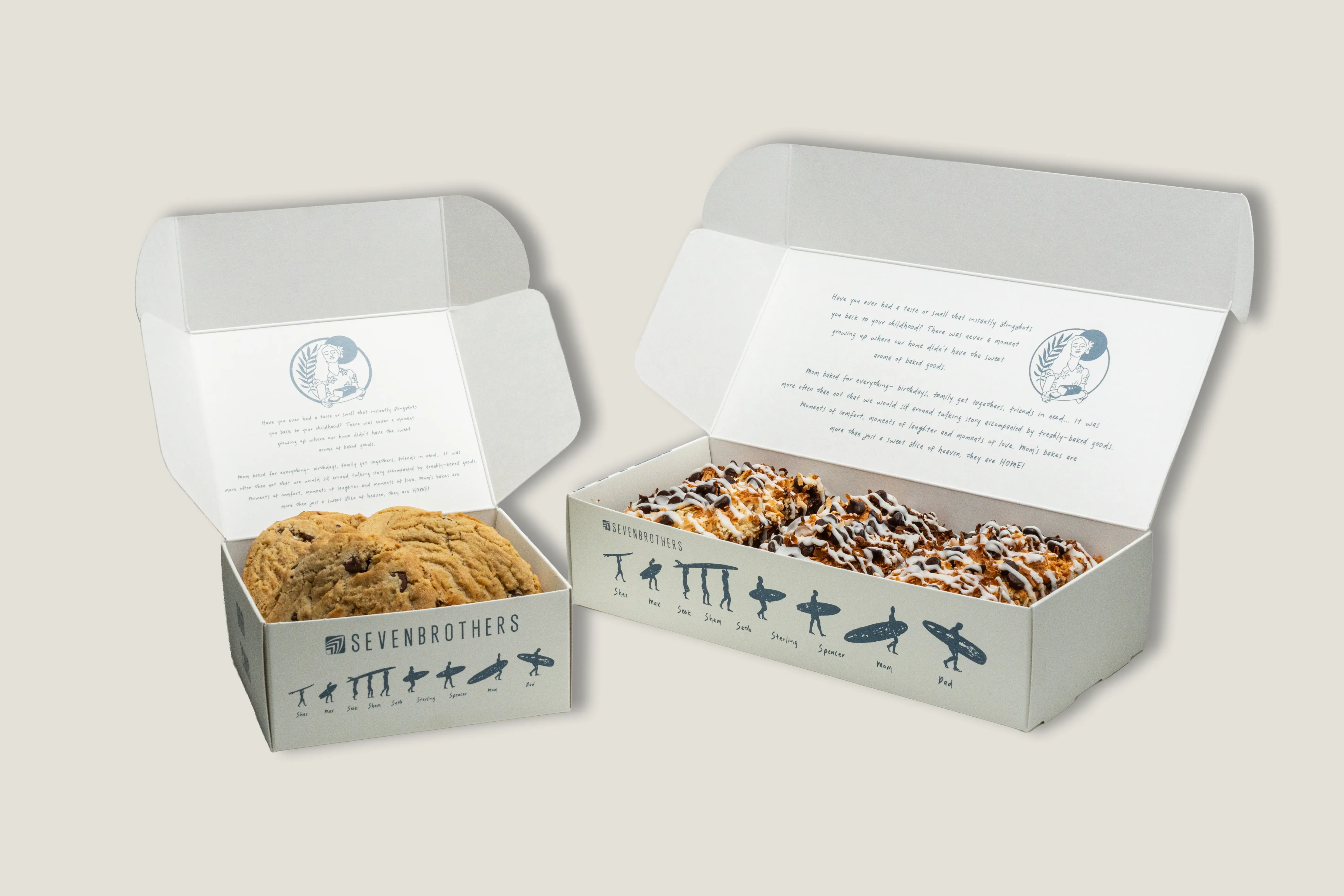 Baked goods displayed in Seven Brothers cardboard cases