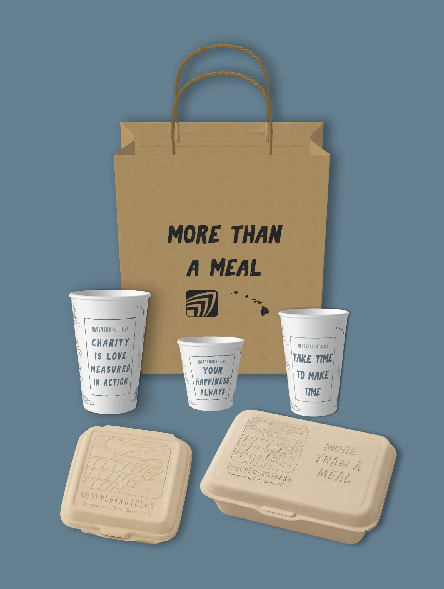 Seven Brothers packaging including take out boxes, drink cups, and a paper bag