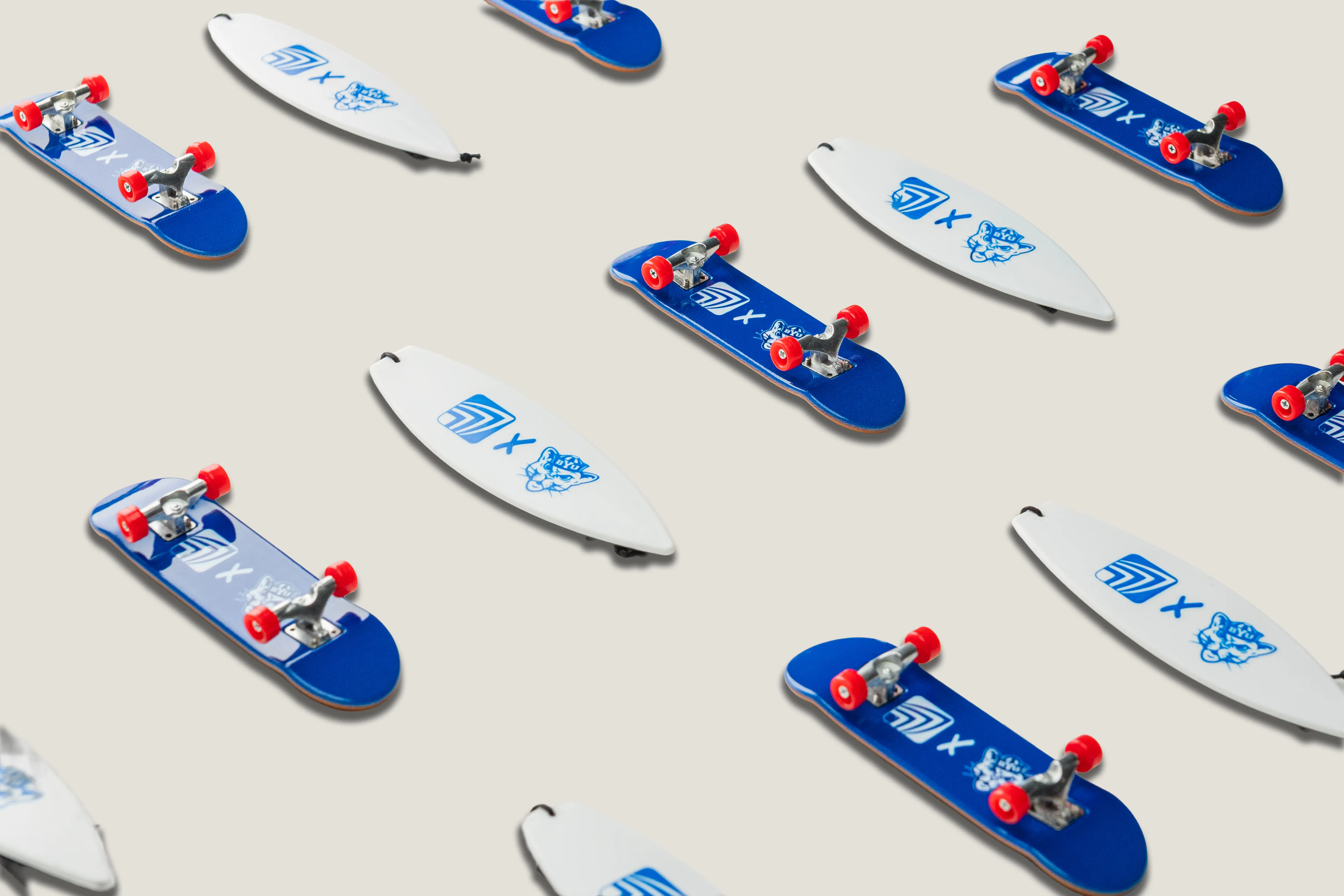 Novelty mini skateboards created for a Seven Brother and BYU collaboration