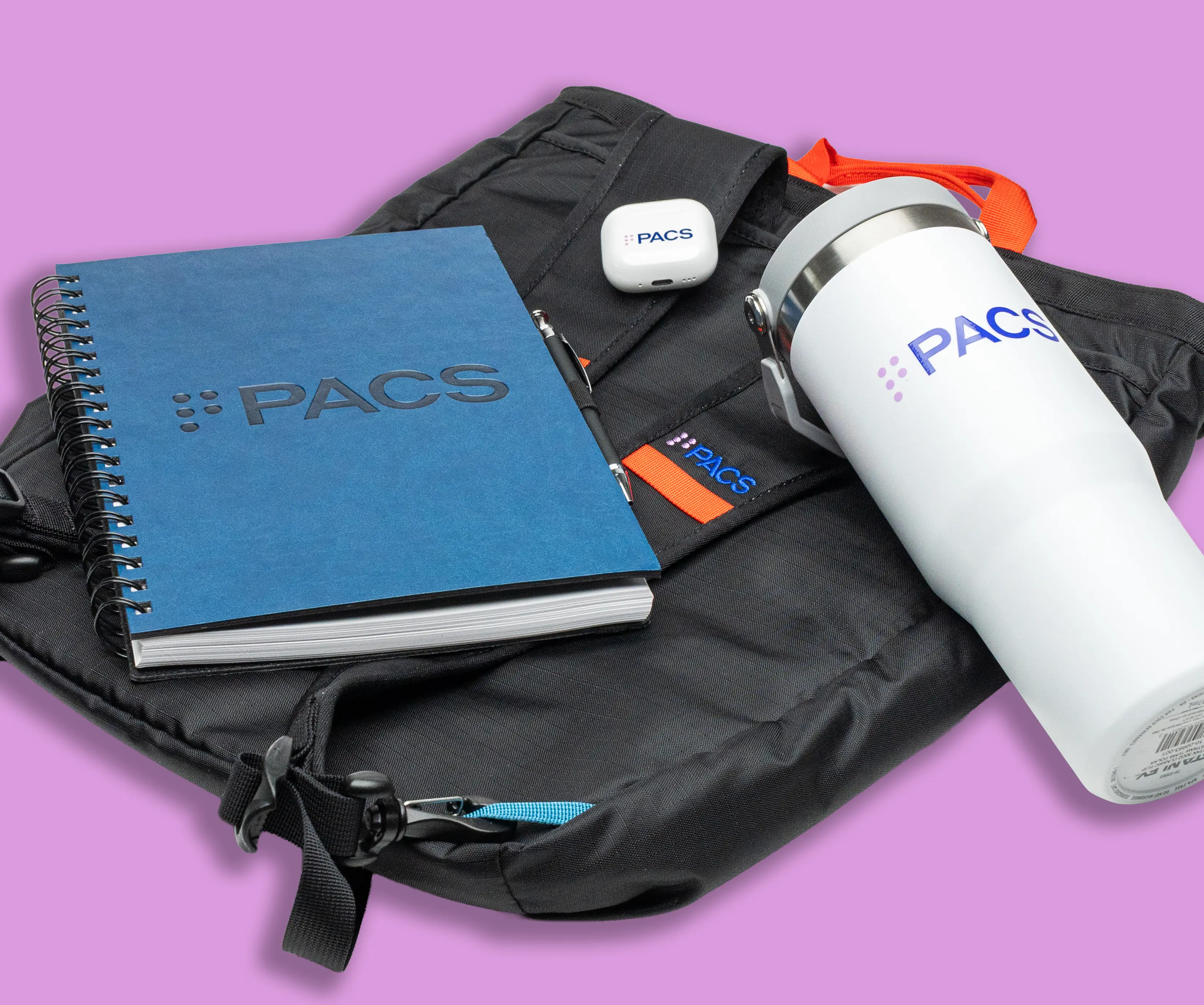 PACS merchandise include a notebook, backpack, airpods case, and reusable water bottle