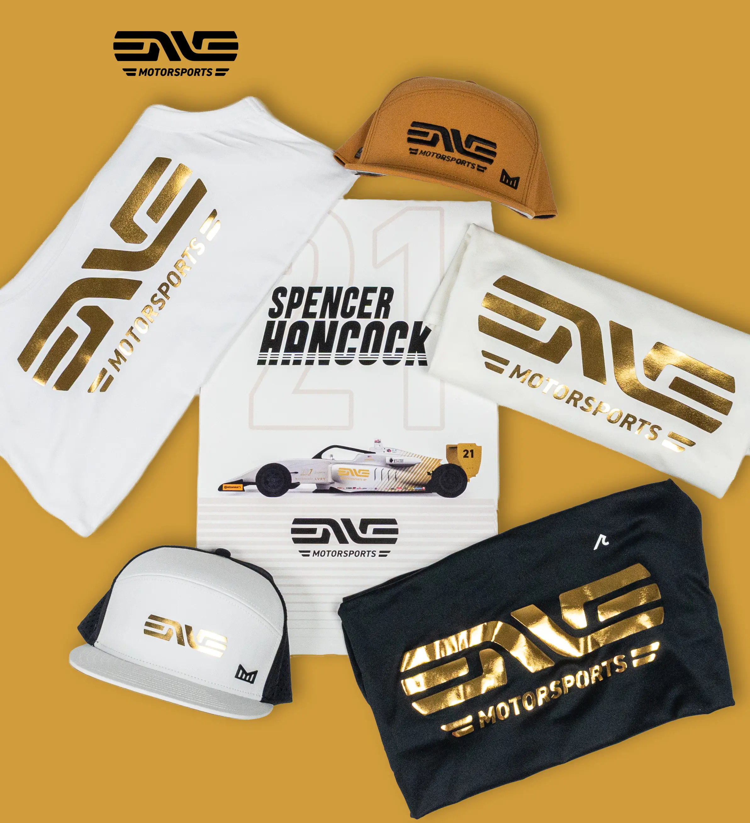 A collection of merch created for ENVE motorsports, including shirts and a hat