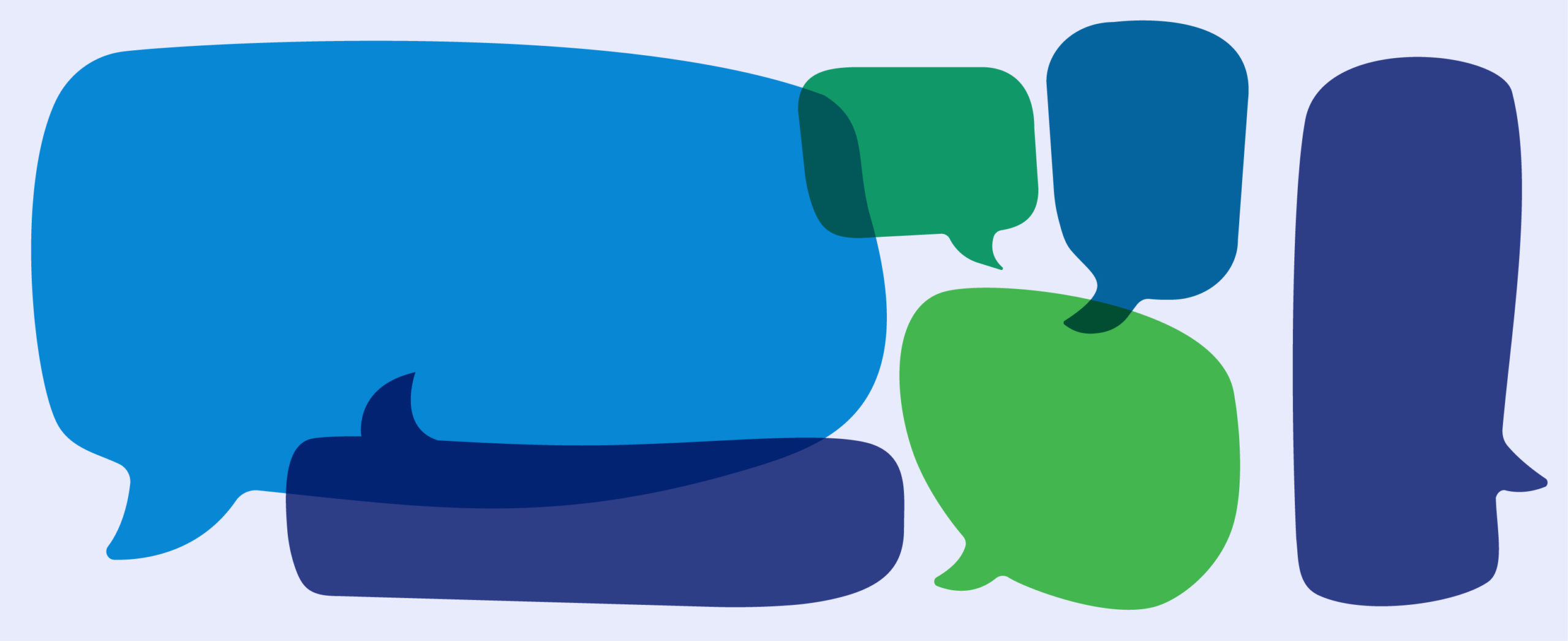 Several blue and green speech bubbles are overlapping.