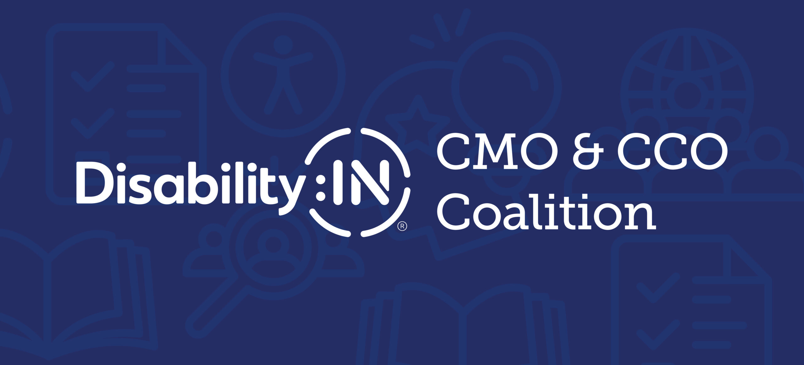 Disability:IN CMO & CCO Coalition in white against navy blue icon background.|Accenture's Jill Kramer; Disability:IN's Allyce Torres and Russell Shaffer; TD Bank's John Pluhowski pose against Disability:IN CMO & CCO Coalition signage.