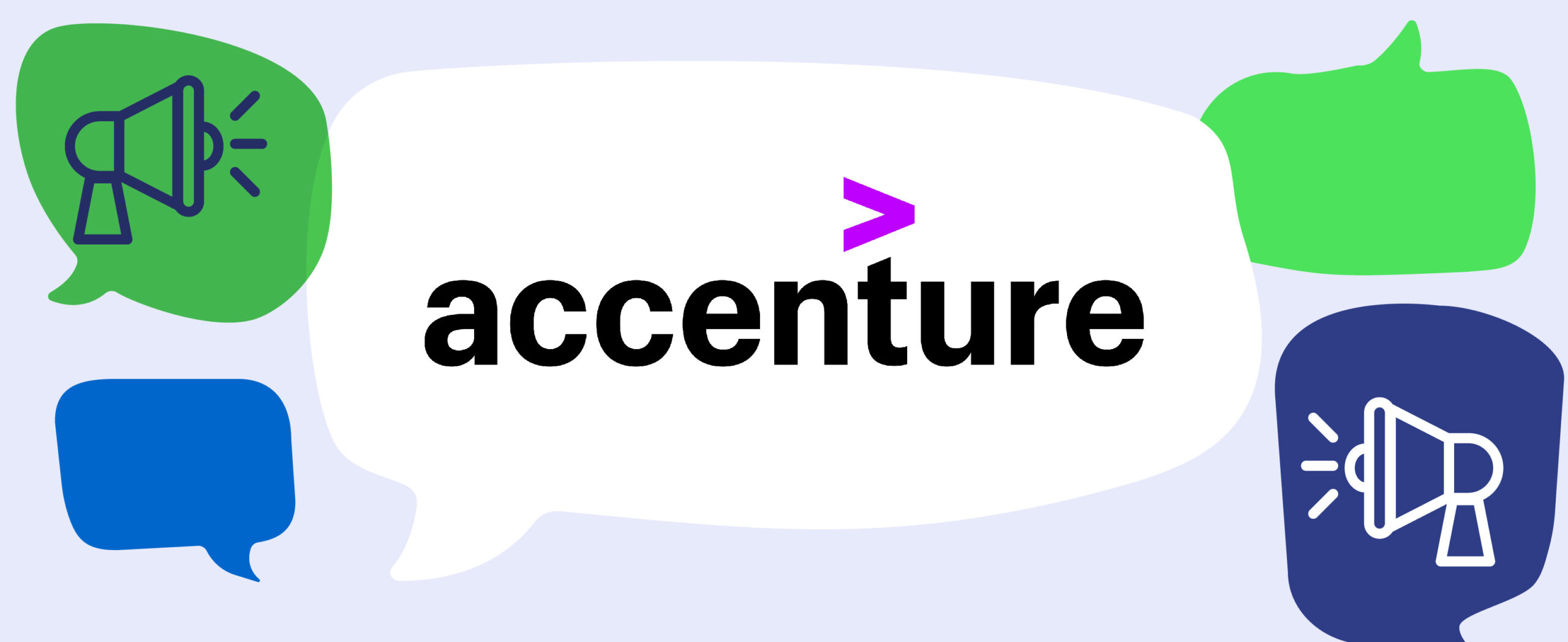 Accenture logo inside of white speech bubble with various media icons and speech bubbles in blue and green.|Accenture logo inside of white speech bubble with various media icons and speech bubbles in blue and green.
