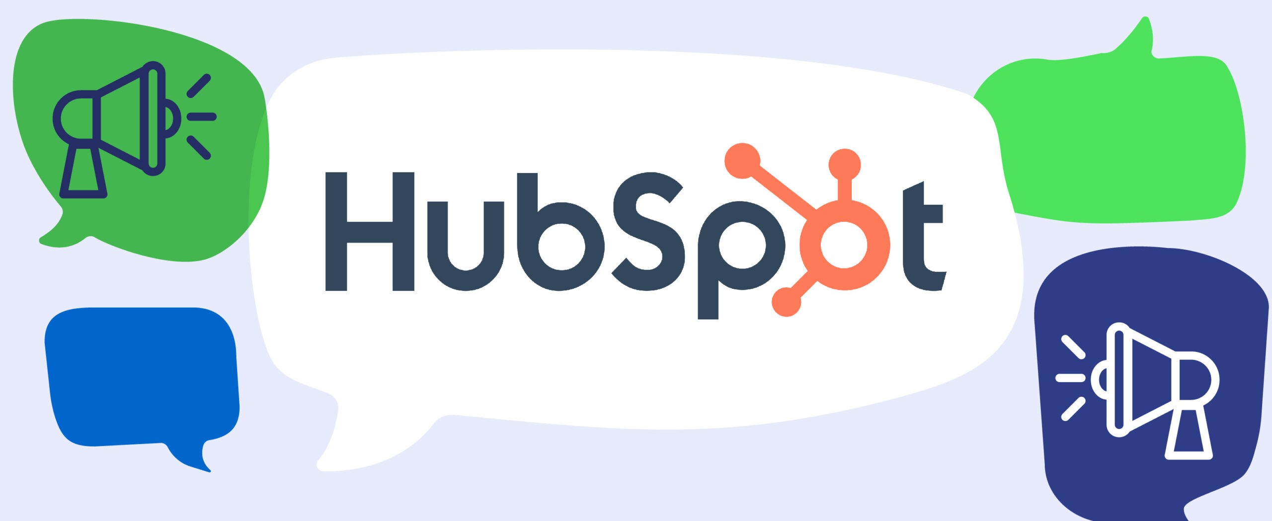 Hubspot logo against speech bubbles and megaphone icons.|Hubspot logo against speech bubbles and megaphone icons.