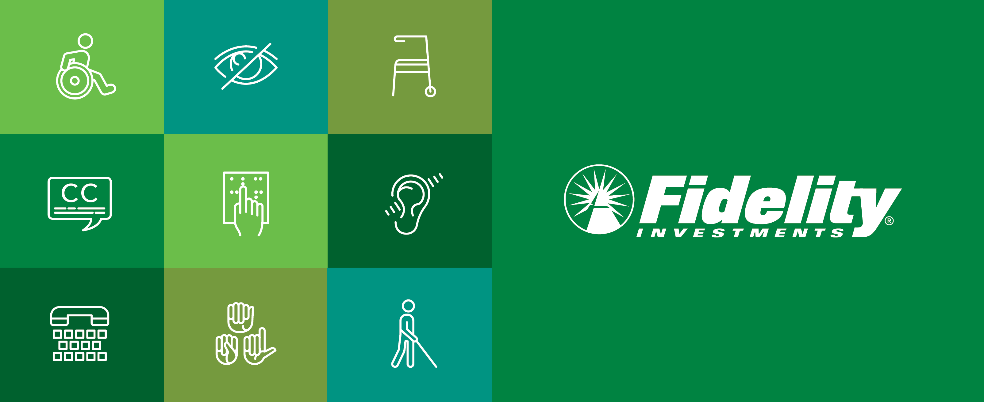 Banner with Fidelity name and logo, along with icons representing accessibility: a silhouette of a person who is blind walking with a cane, a hearing aid, a wheelchair, closed captions, etc.|Banner with Fidelity name and logo, along with icons representing accessibility: a silhouette of a person who is blind walking with a cane, a hearing aid, a wheelchair, closed captions, etc.|Fidelity Enable ERG logo with emphasis on the letters ABLE.|A Fidelity branch employee, a Fidelity customer communicating in ASL, and a Video Relay Interpreter facilitating communication using American Sign Language.|Link to a video featuring two Fidelity Associates introducing the Name Sign for Fidelity Investments.|Fidelity Enable ERG logo with emphasis on the letters ABLE.