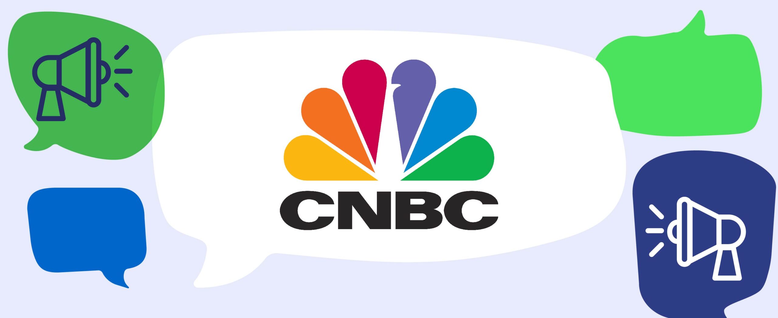 CNBC logo in speech bubble with various green and blue speech bubbles and media icons.|CNBC logo in speech bubble with various green and blue speech bubbles and media icons.