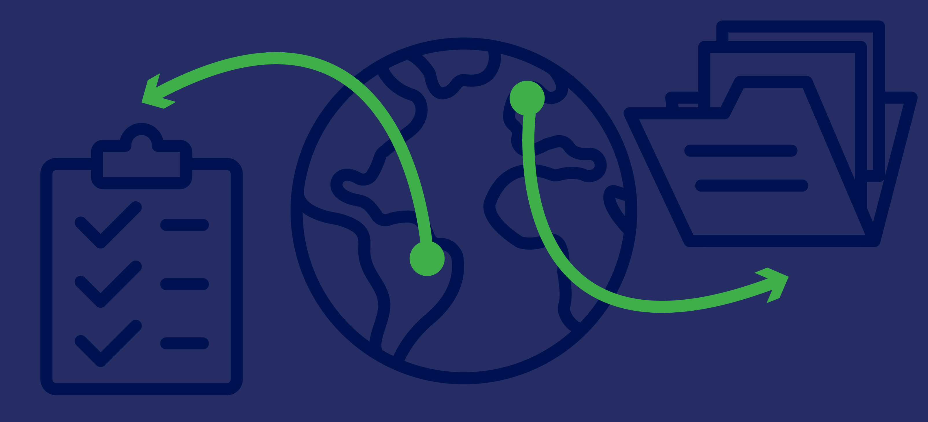 Blue background with a graphic of the earth containing two green lines pointing toward icons of a clipboard and a file folder on either side of the globe.