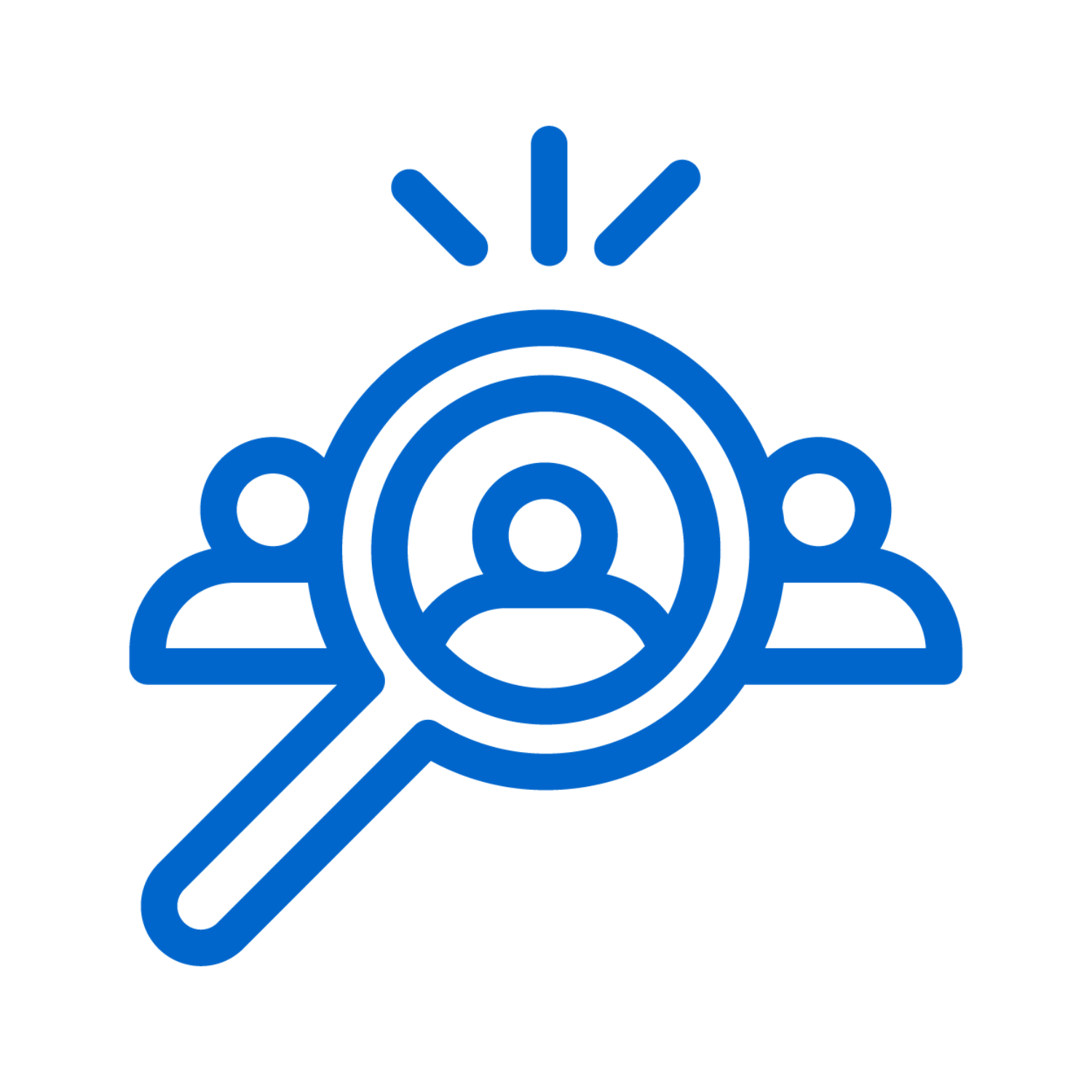 Icon of a group of people with a magnifying glass hovering above one individual. 