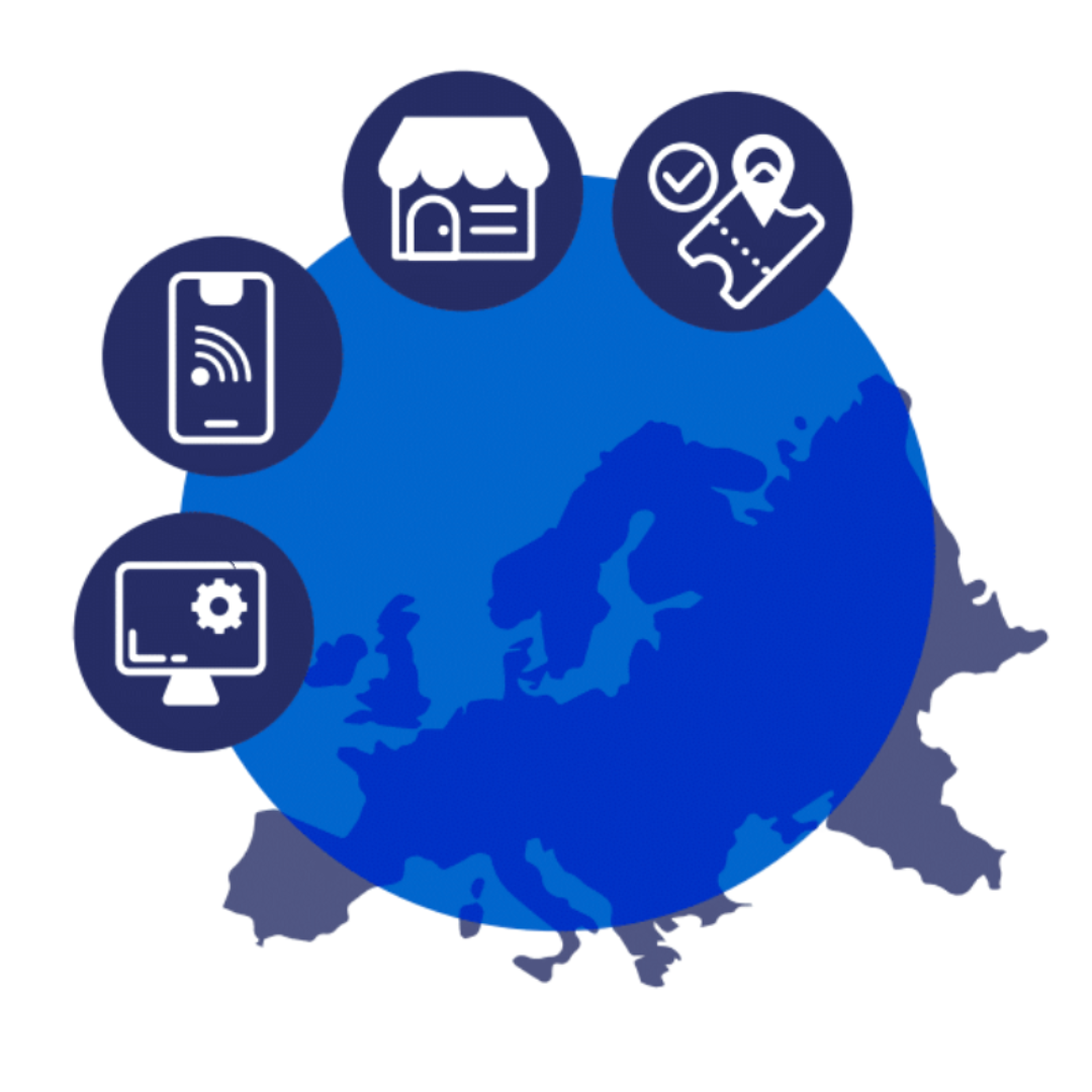 A blue outline of a map of the EMEA regions. Surrounding the outline are icons for digital accessibility, smart phones with read aloud text, marketplace, and curb cuts.