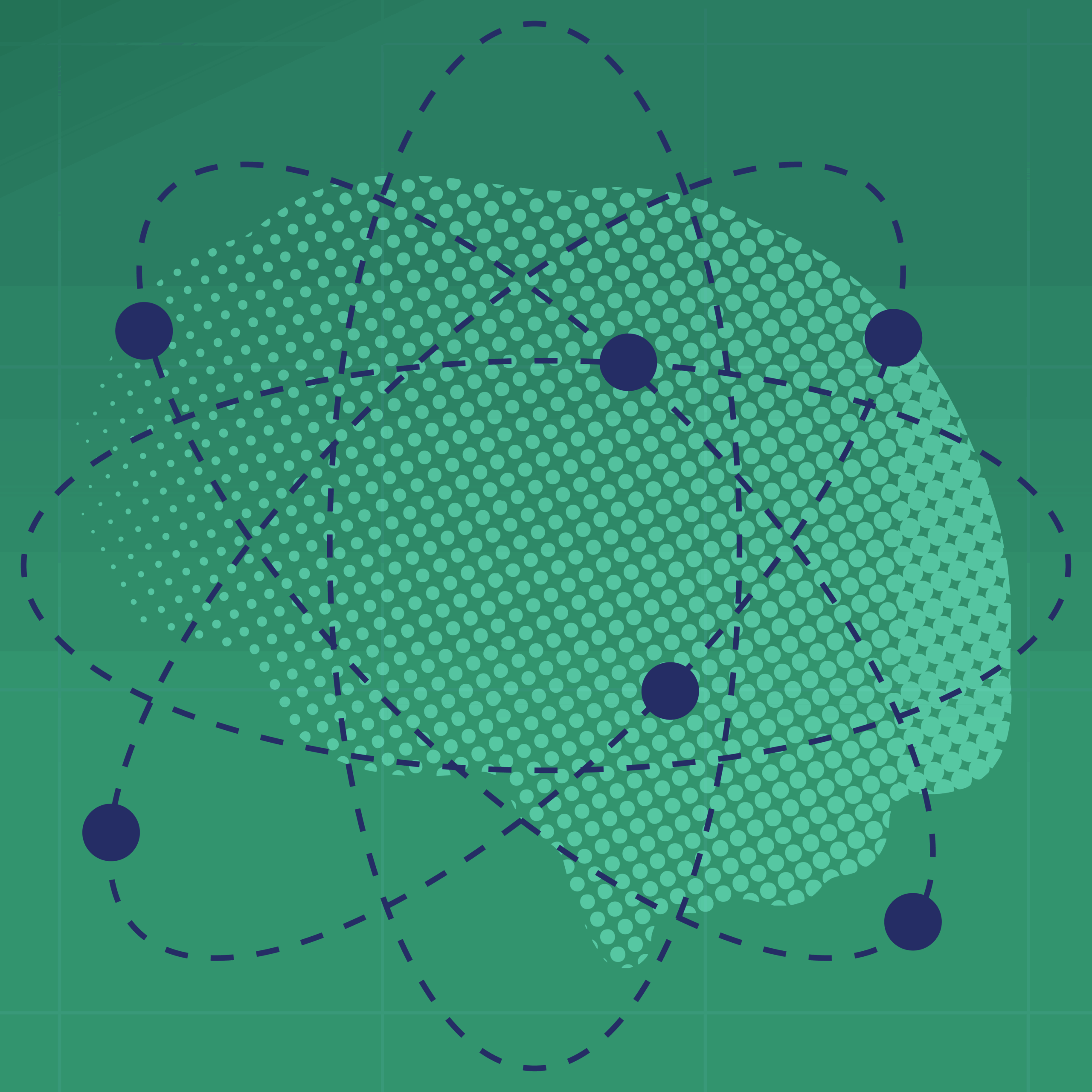 Halftone silhouette of a brain with overlapping network ovals and dots.