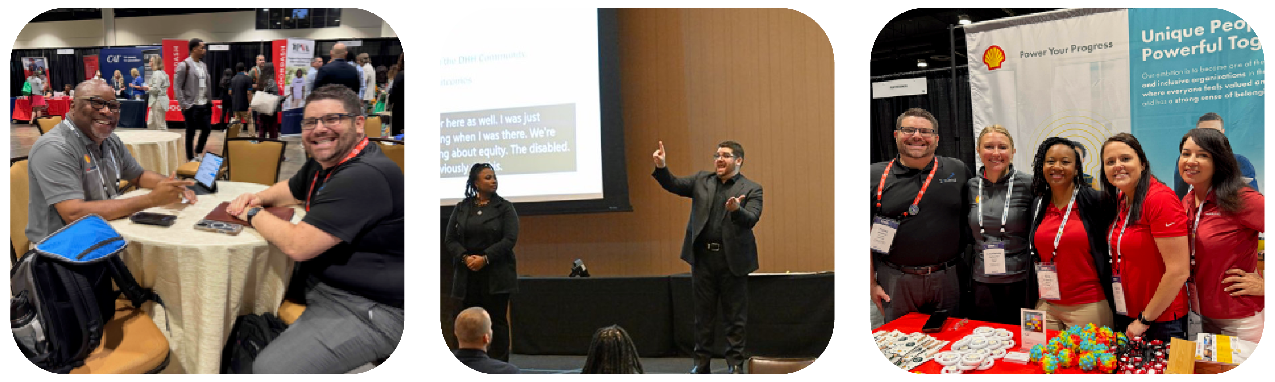 Corel Axelrod networking at a conference, presenting onstage, and posing with colleagues at Shell.
