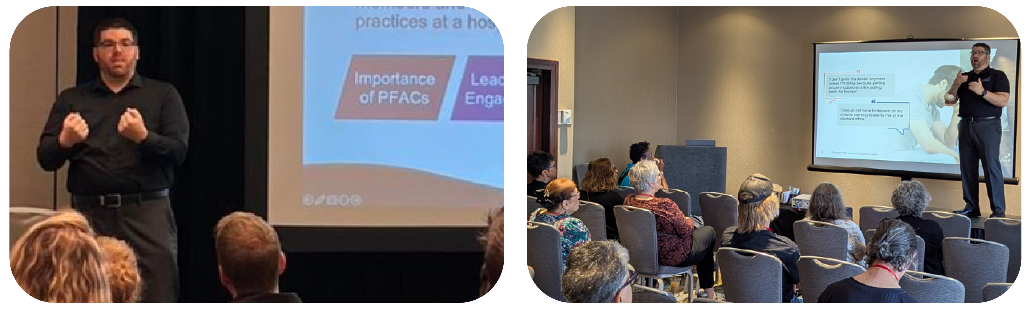 Corel Axelrod presenting onstage with a slide onscreen.