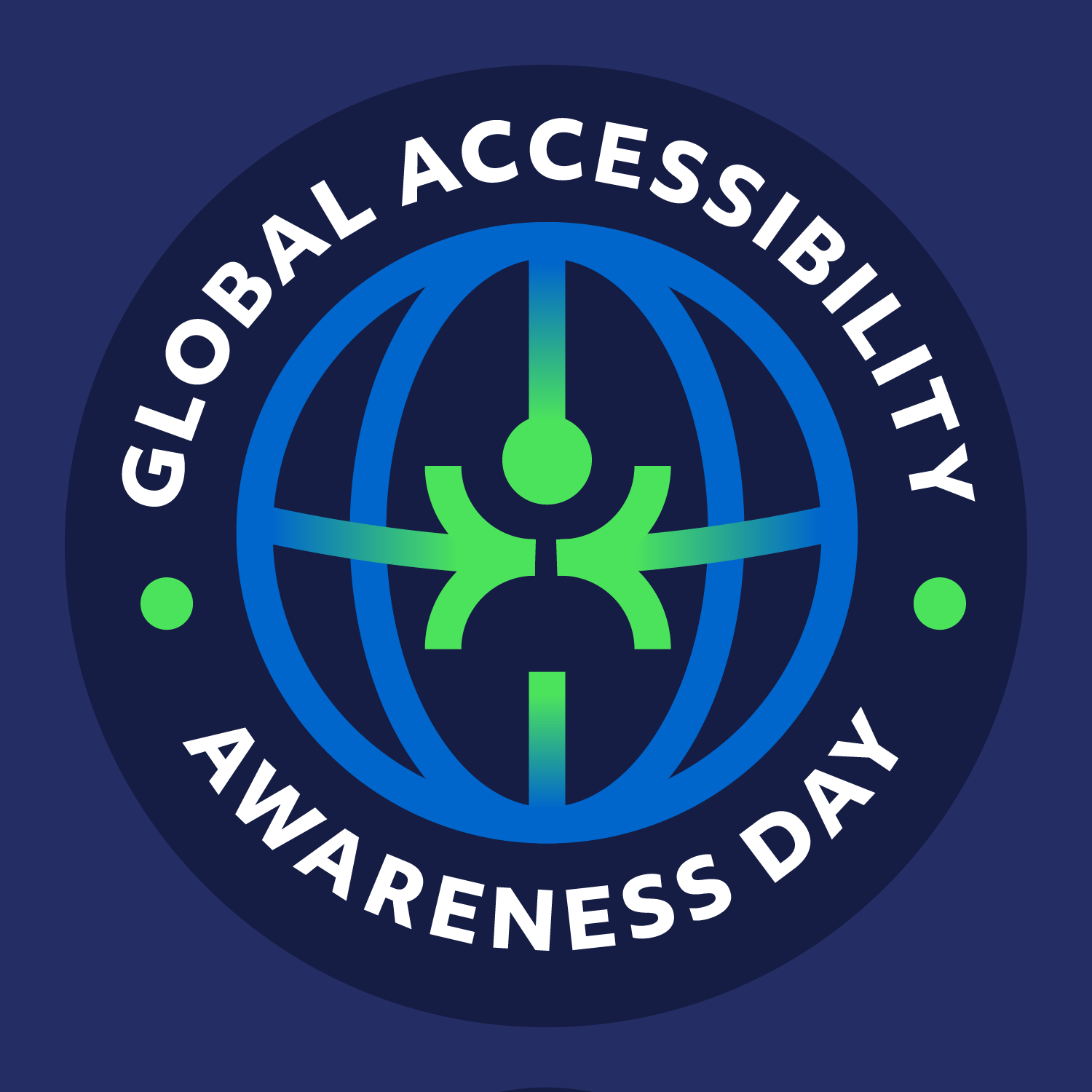 Global Accessibility Awareness Day (GAAD) badge with neon green to blue gradient accessibility globe icon.