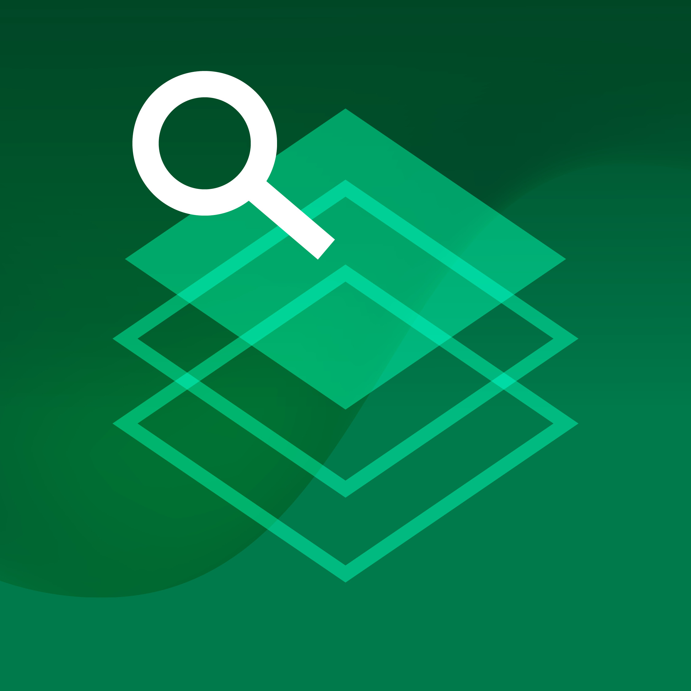Stack of outlined and filled squares with magnifying glass against green wavy background.