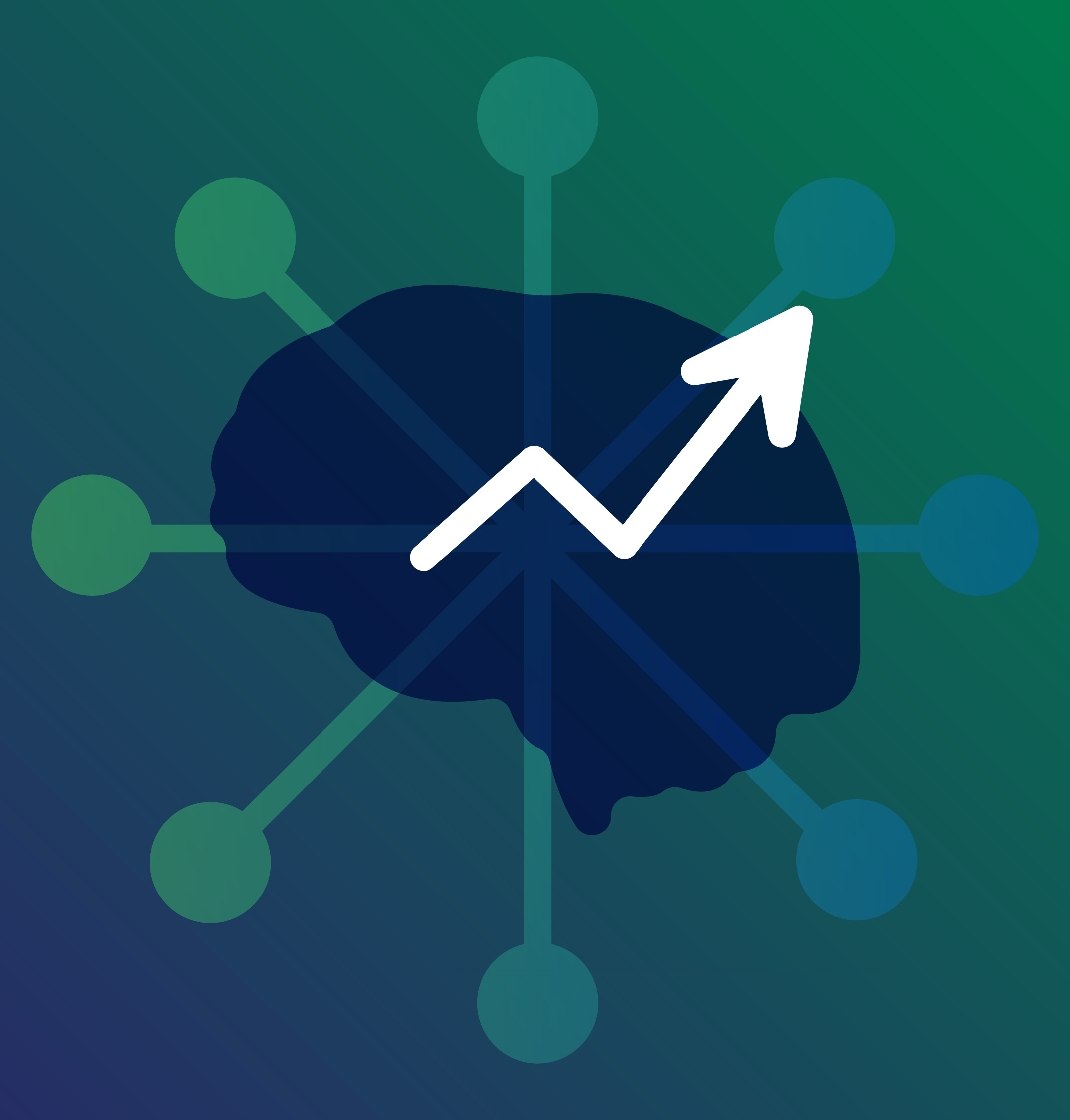 Brain silhouette and line graph increasing against gradient background.