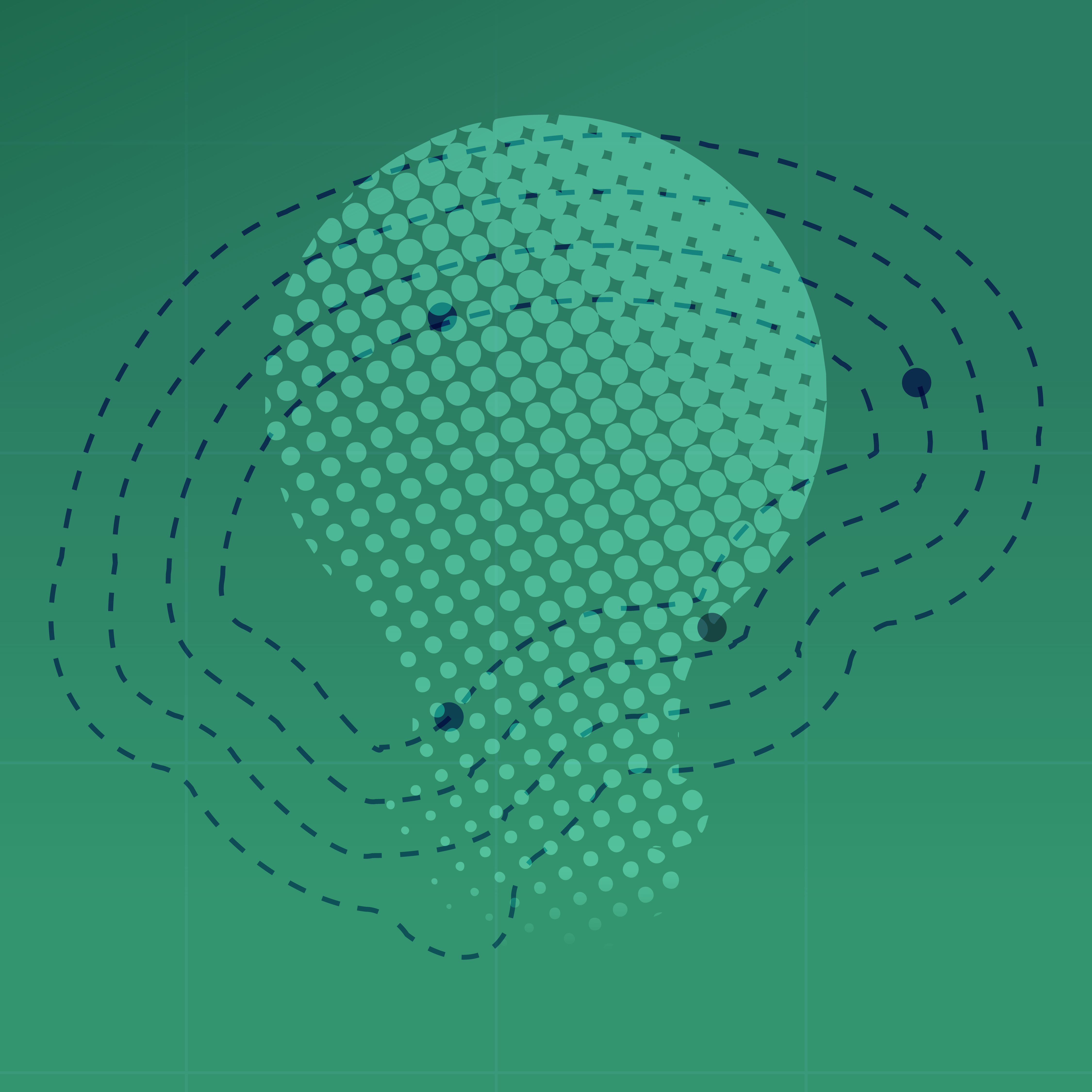 Concentric brain outline with lightbulb against green background.