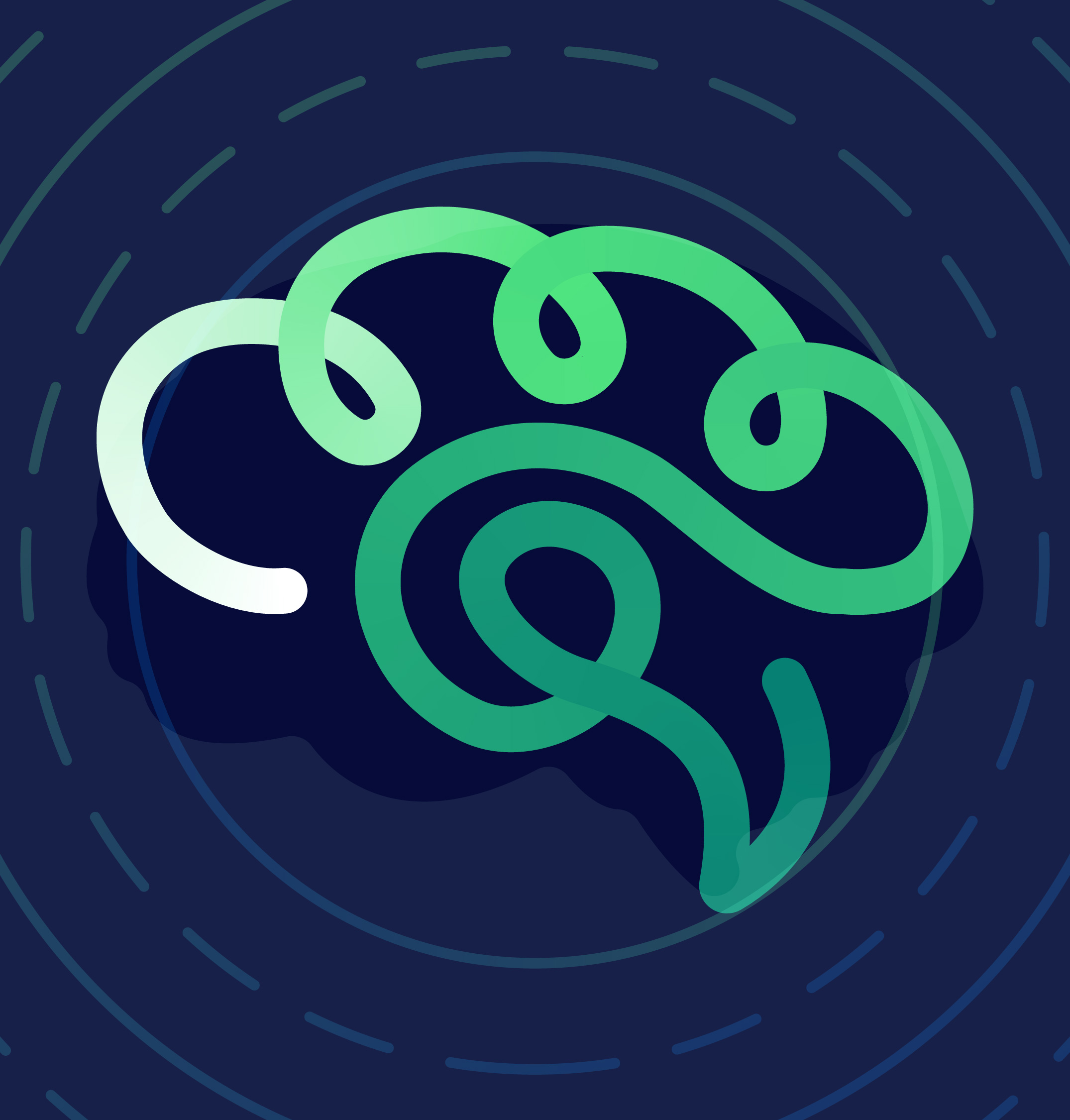 Abstract brain with continuous line with impact circles in the background.