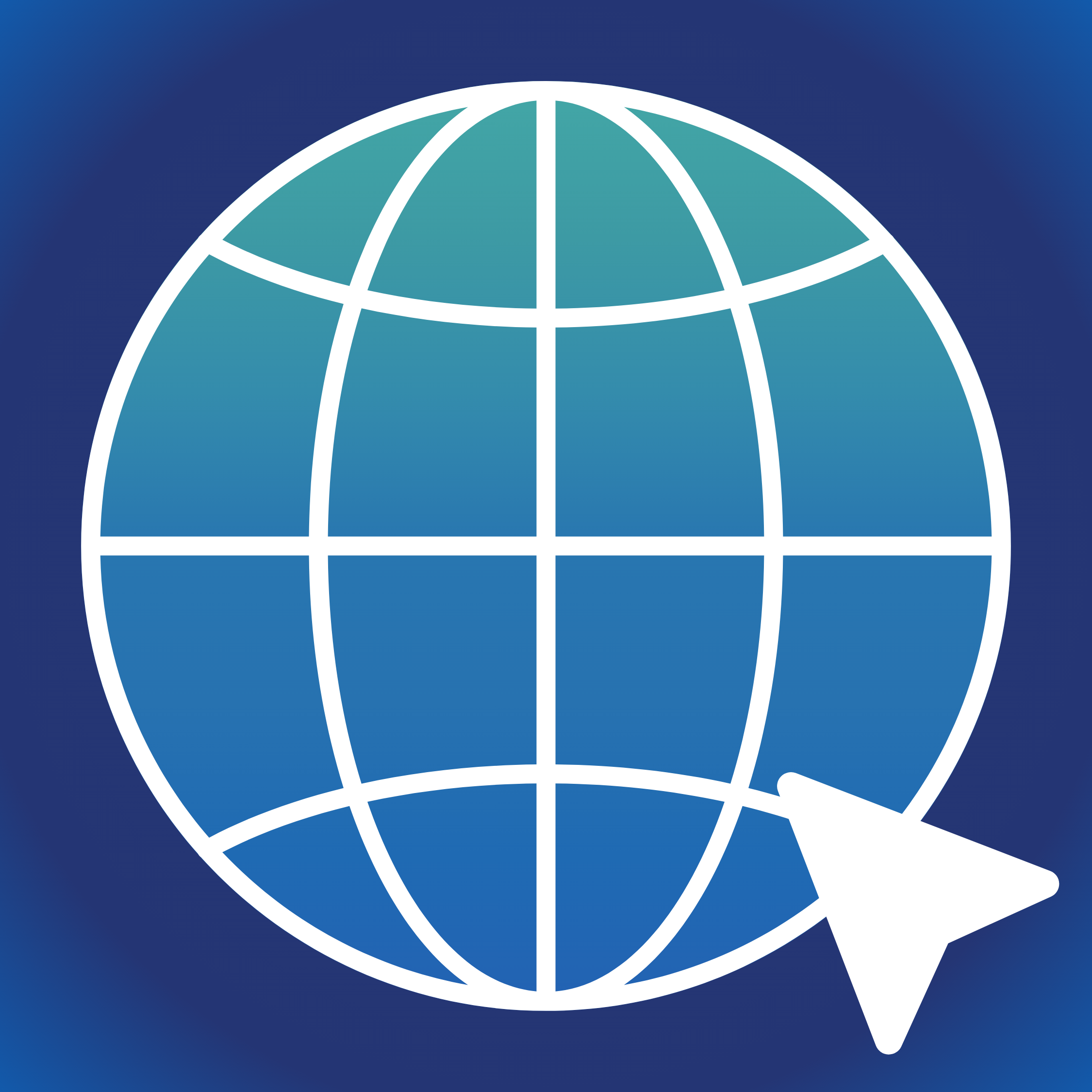 Blue gradient border around a white globe with an arrow in the bottom right corner.