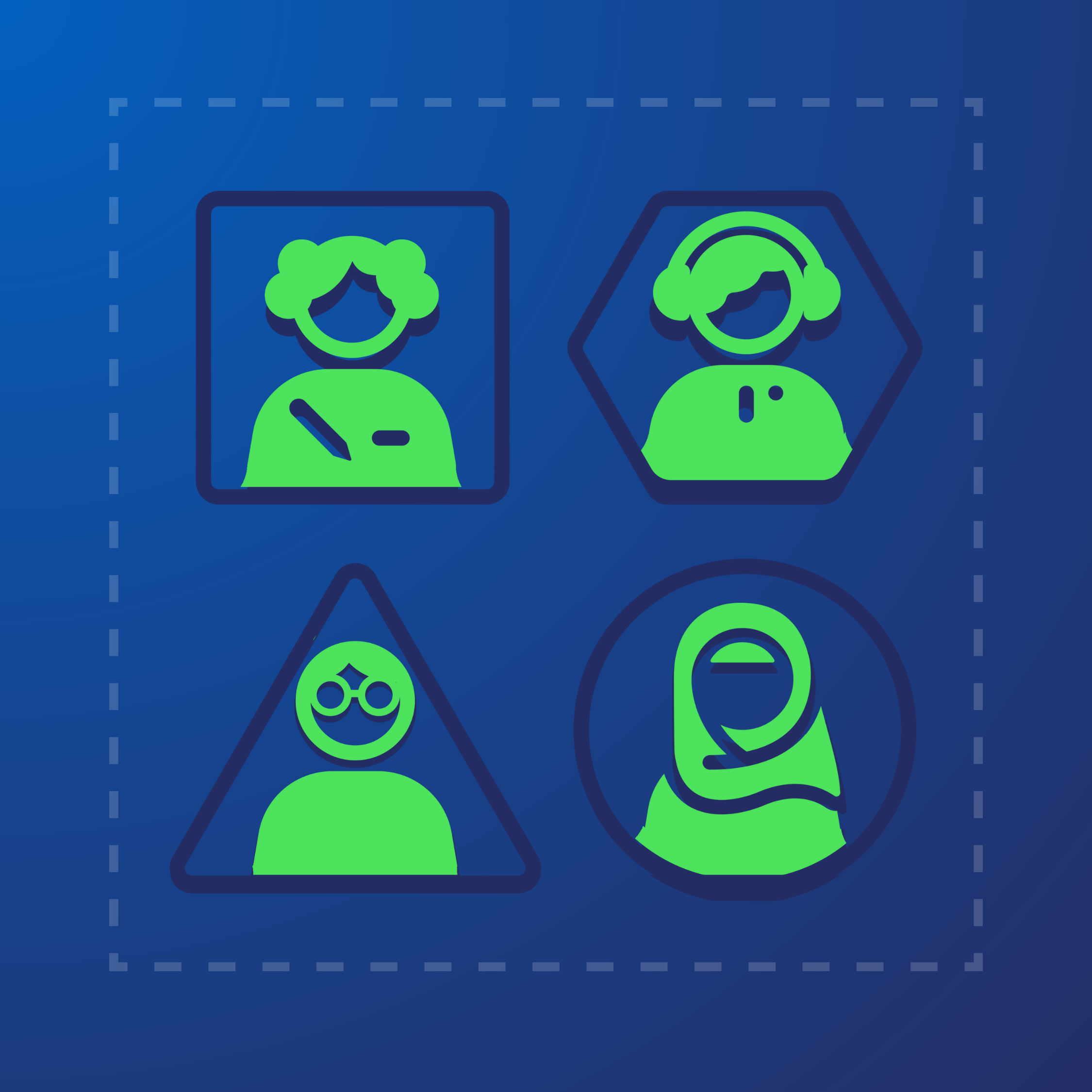 A blue background with 4 blue frames containing graphics of 4 different people