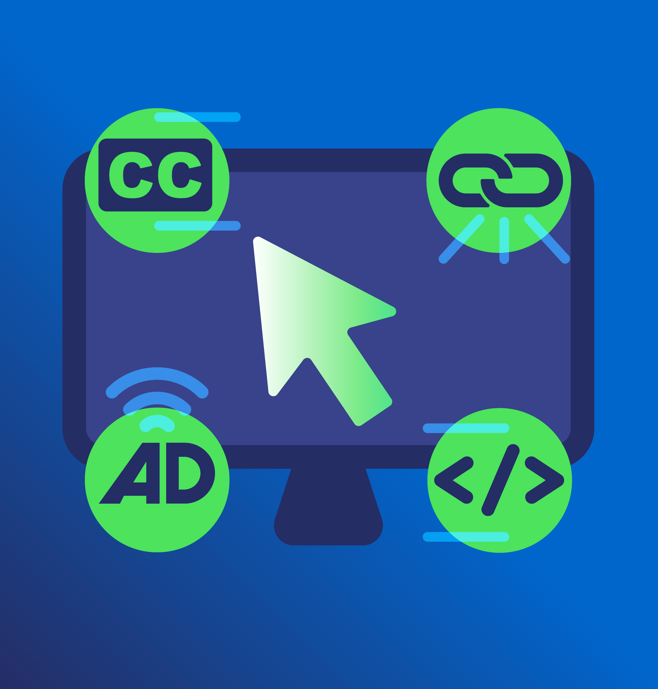 Desktop computer with cursor near closed caption, audio description, links, and coding icons.