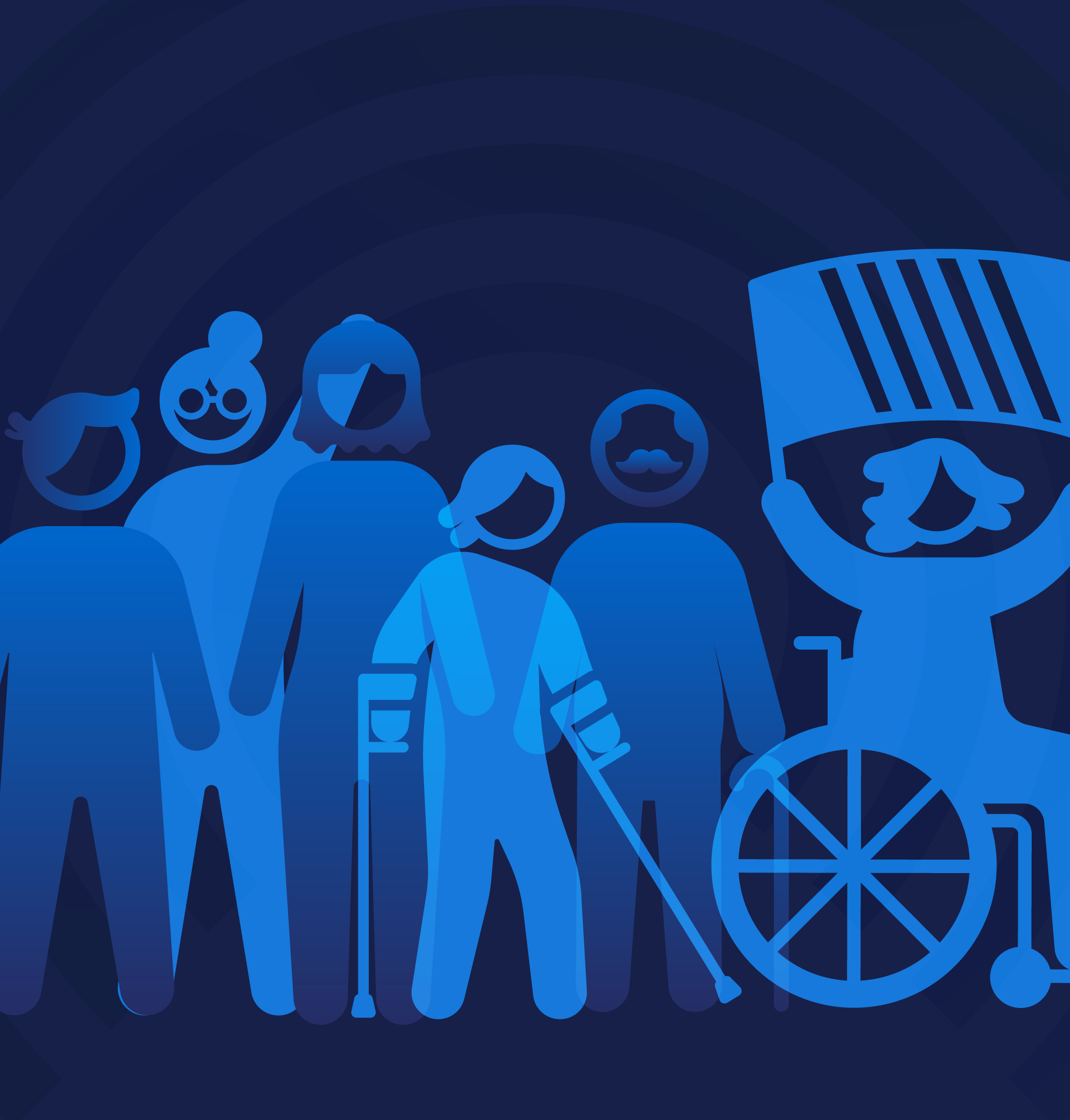 Overlay of six individuals with various disabilities. One is waving a flag.