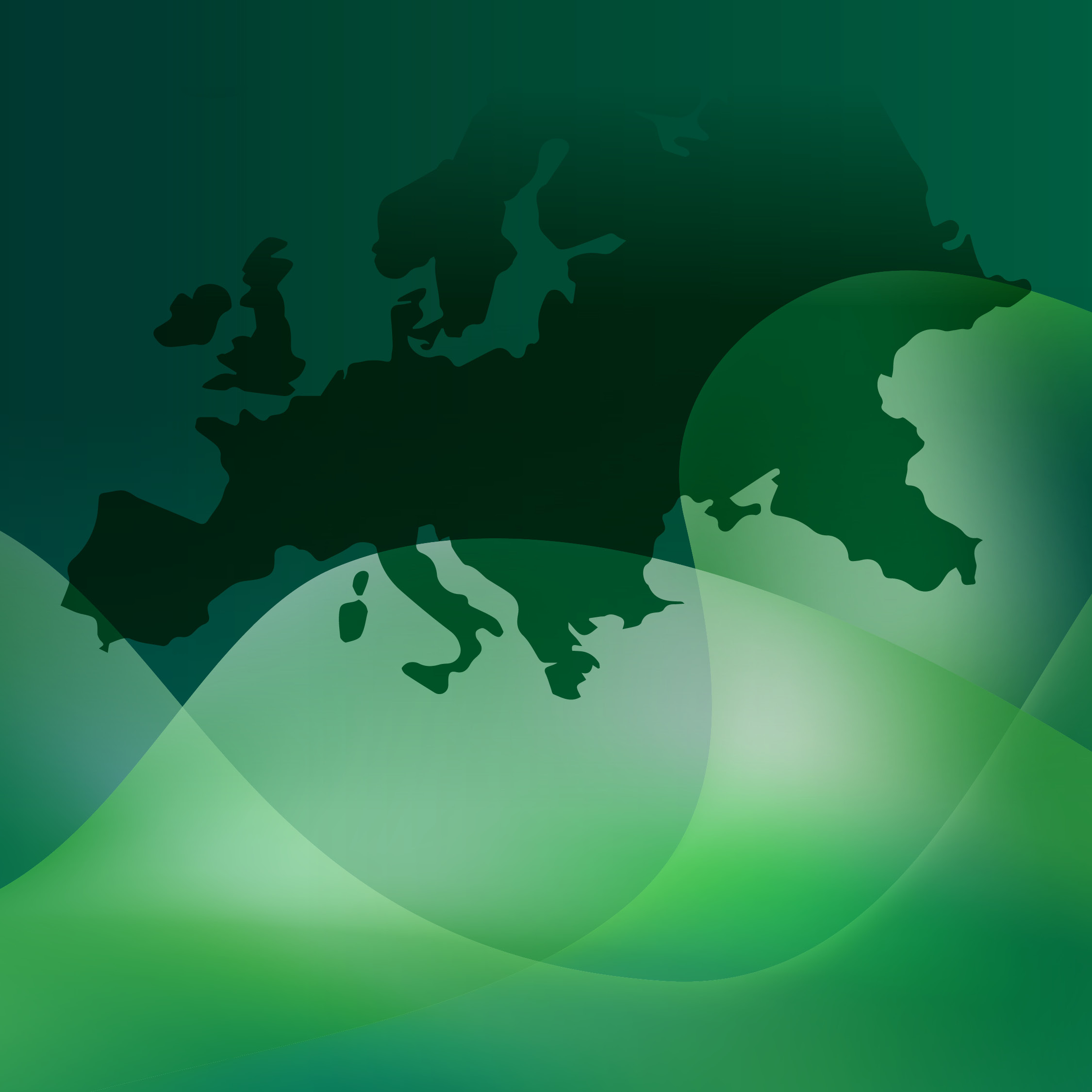Europe silhouette with green gradient waves against a dark green background