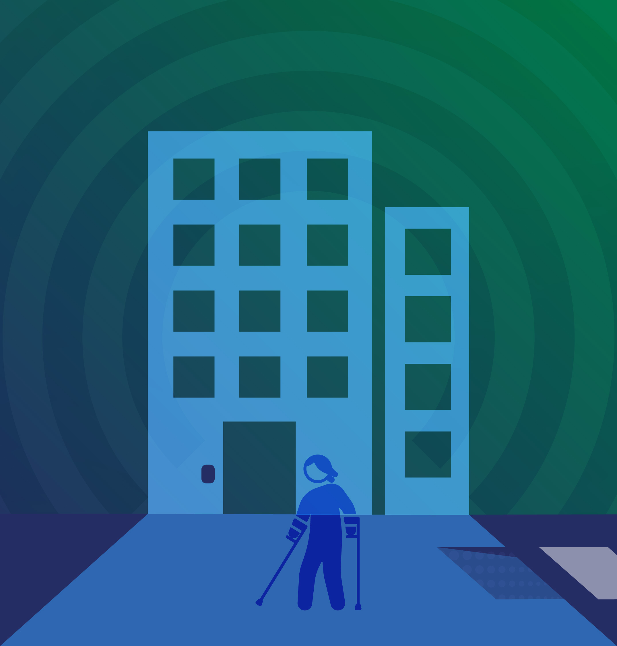 Person with mobility crutches walks into accessible office building.