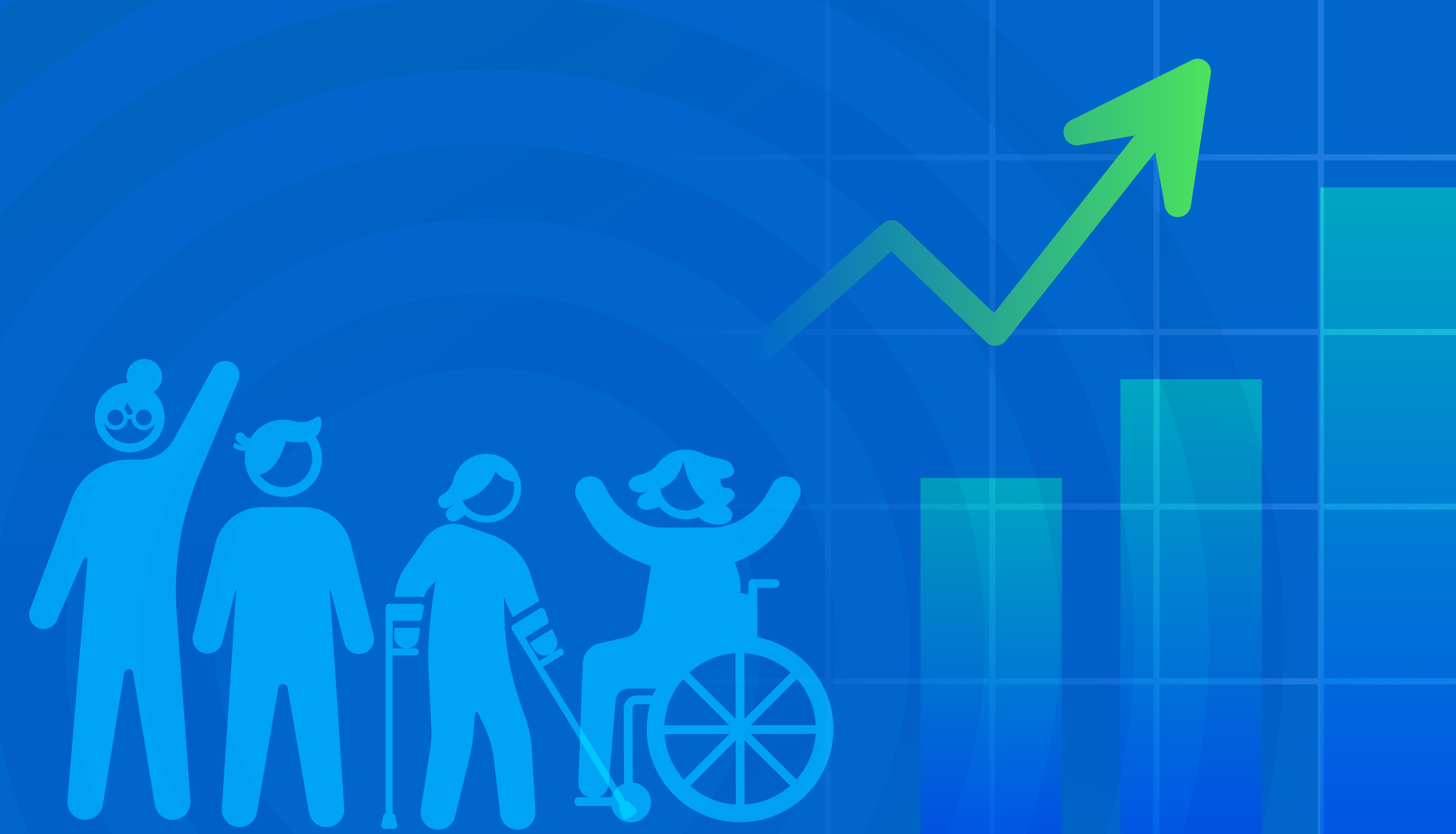 Four individuals with disabilities next to growing bar graph. 