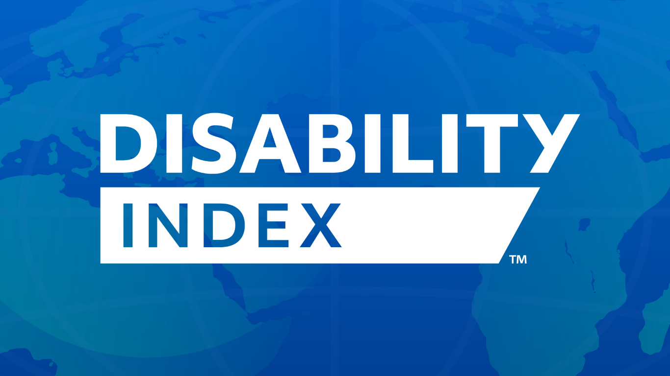 A blue globe with the Disability Index logo overlaid on top of it