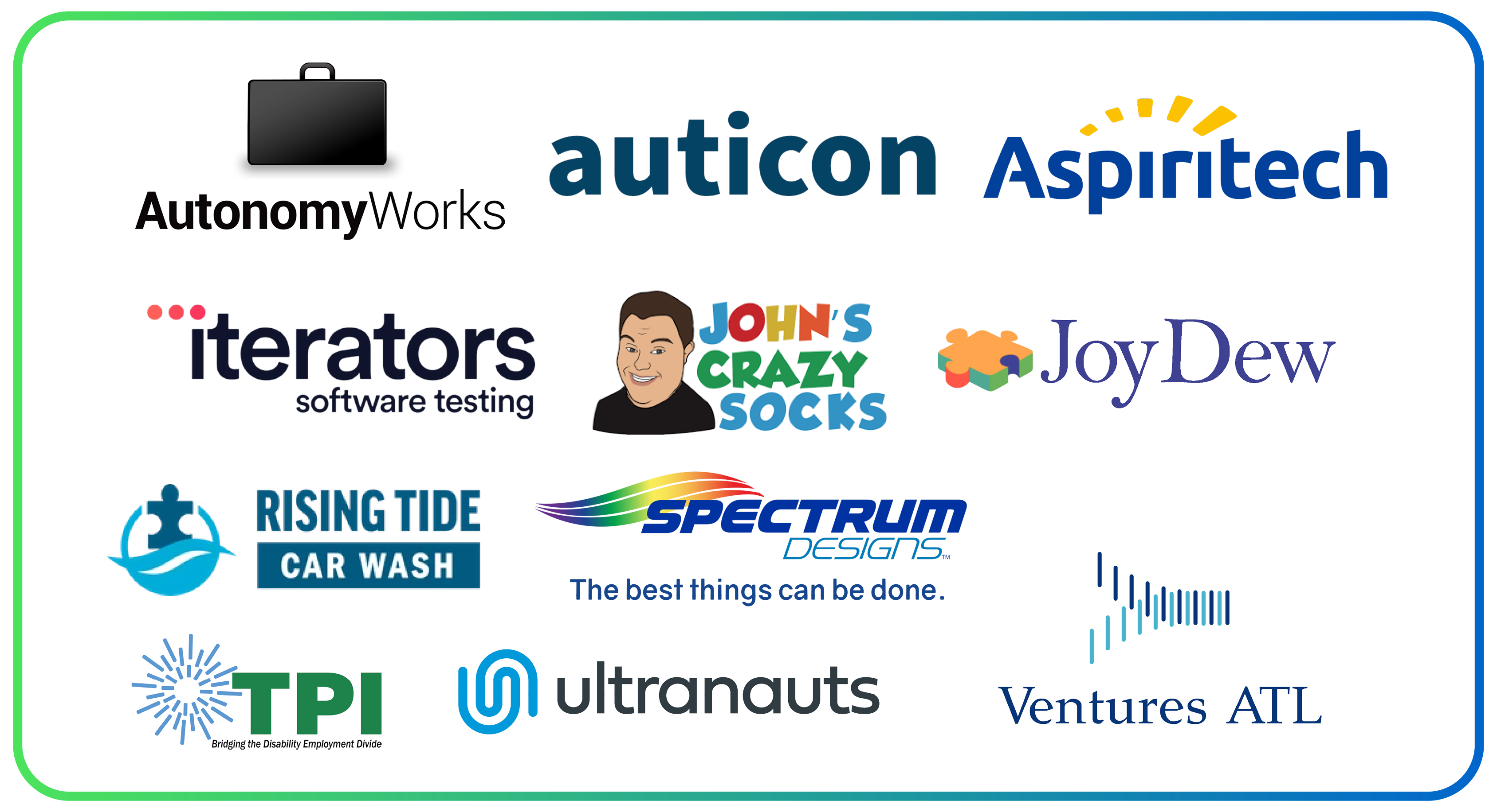 Collection of logos of Aspiritech, Auticon, Autonomy Works, Iterators, John’s Crazy Socks, Joy Dew, Rising Tide Car Wash, Spectrum Designs, TPI, Ultranauts, Ventures ATL