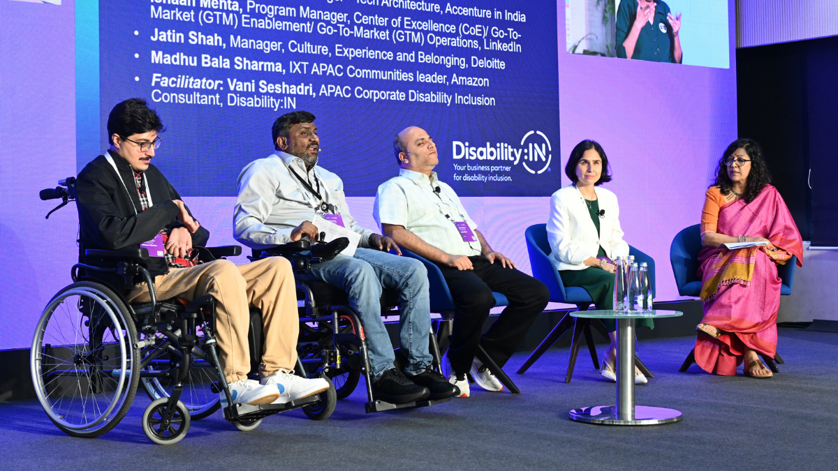 Ishaan Mehta, Jatin Shah, Robert George, Madhu Bala Sharma, and Vani Seshadri onstage during the "My Story is IN" panel at the Bengaluru Disability:IN Event