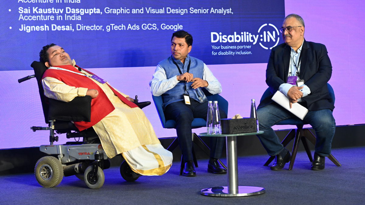 Panelists onstage during the Designing for All: A Demo Presentation of Accessible Products Accenture panel. (From left to right) Sai Kaustuv Dasgupta, Graphic and Visual Design Senior Analyst, Accenture in India Surendra S, Delivery Lead Senior Executive, Infrastructure Shared Services, Accenture in India Parag Pande, India Disability Inclusion & Neurodiversity Sponsor and Lead – Global HR Operations, Accenture in India  