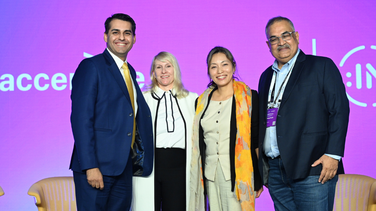 A group on stage during the opening keynote on 18 November (from left to right) Chaitanya Nangia, Director - Compliance & Operational Risk Executive, Bank of America Leslie Wilson, Chief Global Strategist, Disability:IN Jo Keiko Terasawa, Global Head, Googler Engagement, Google Parag Pande, India Disability Inclusion & Neurodiversity Sponsor and Lead – Global HR Operations, Accenture in India