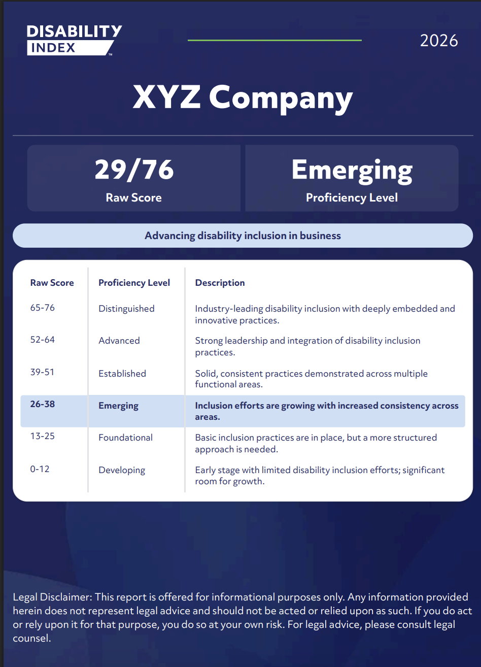 Disability Index 2026 report summary for XYZ Company showing a raw score of 29 out of 76 and an Emerging proficiency level, with a table outlining all proficiency levels from Developing to Distinguished.