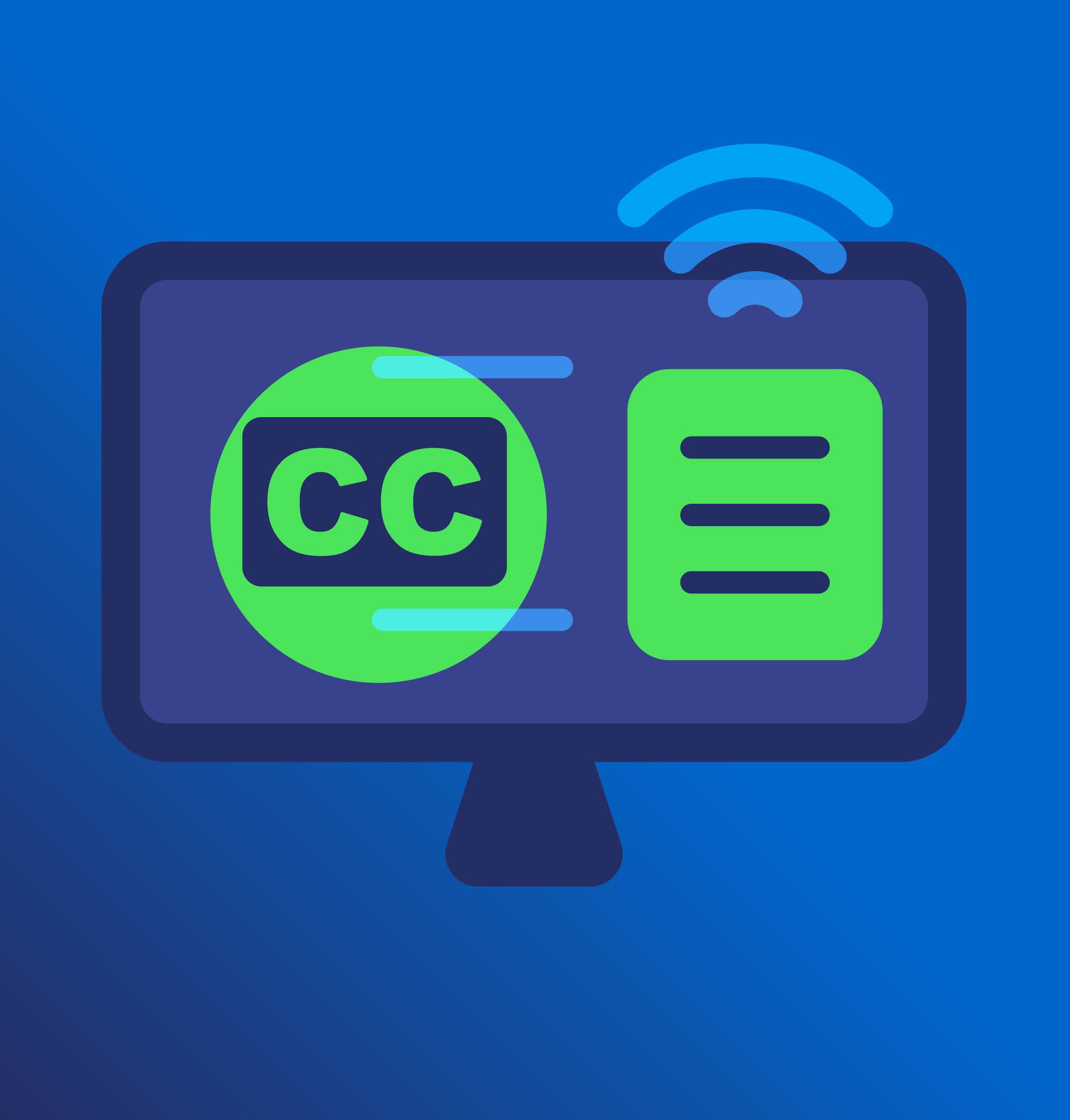 Desktop illustration of closed captions and transcripts for accessibility.