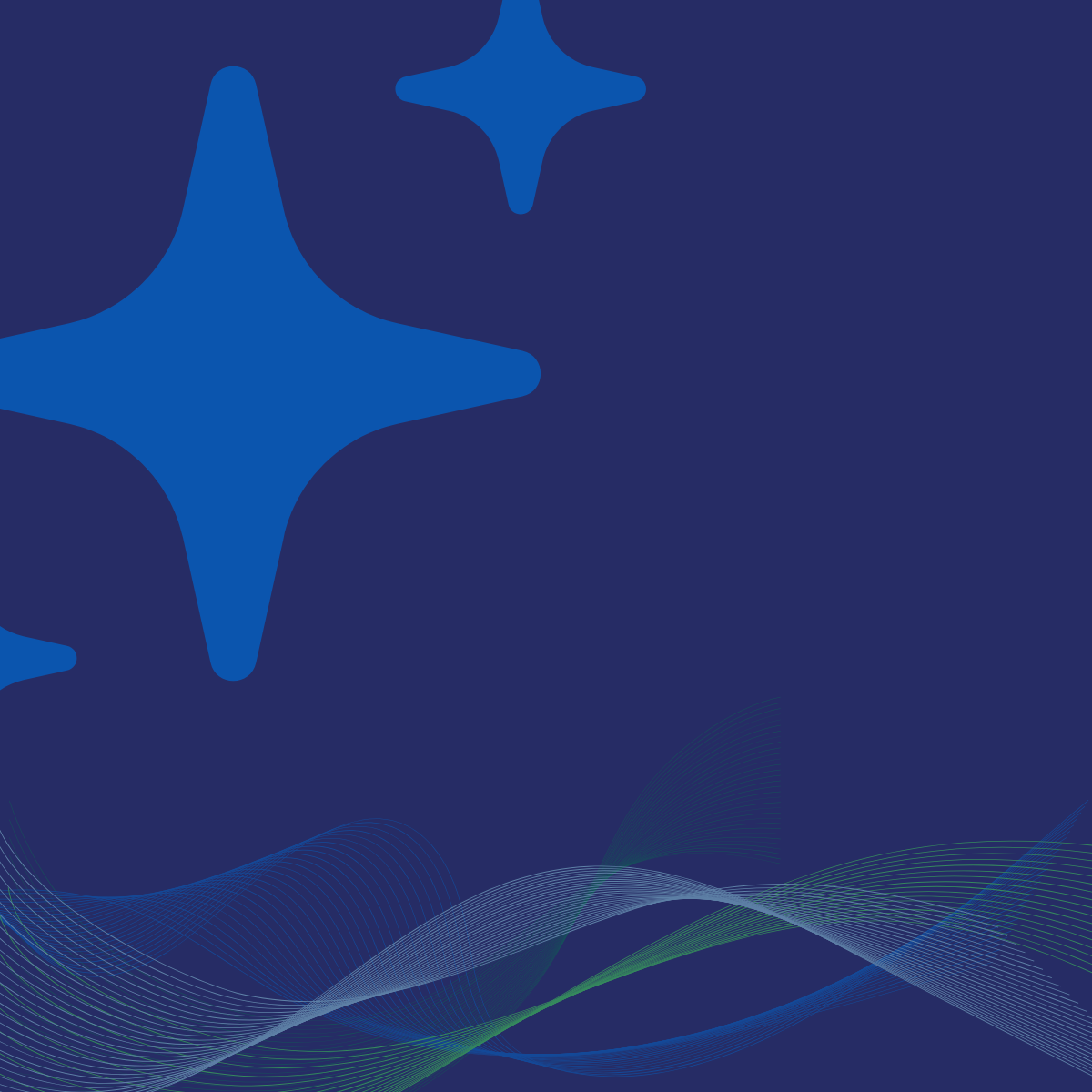 Abstract blue background with layered wave lines in blue and green tones along the bottom and stylized starburst shapes in lighter blue across the top.