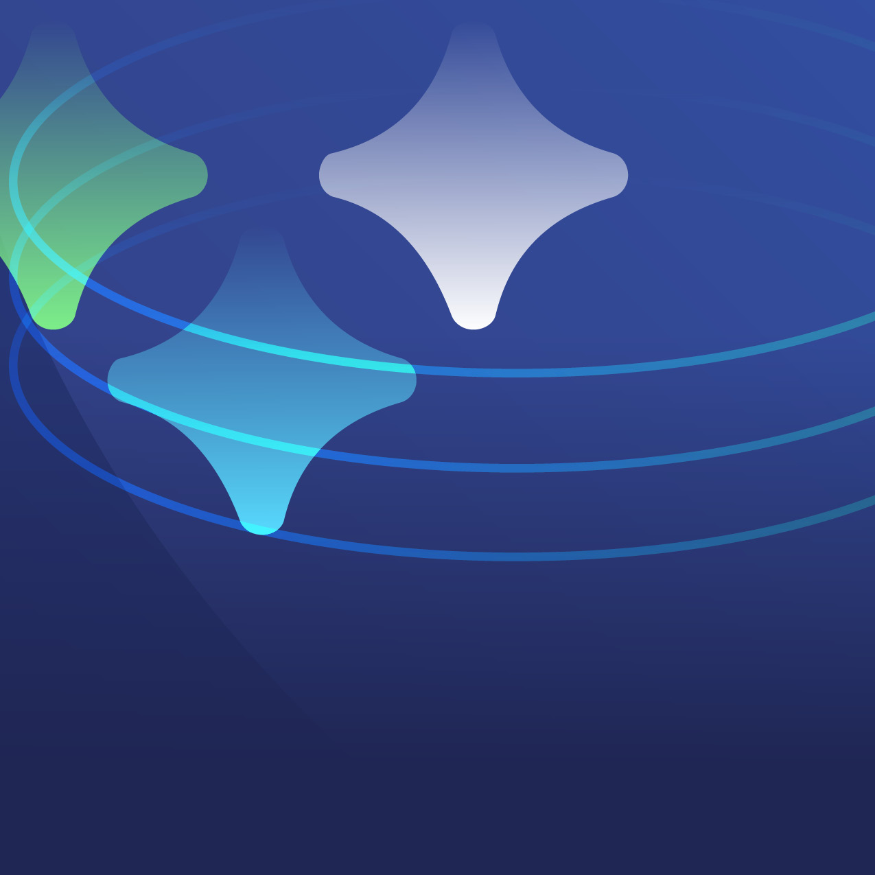 Abstract blue background with stylized starburst shapes across the top.