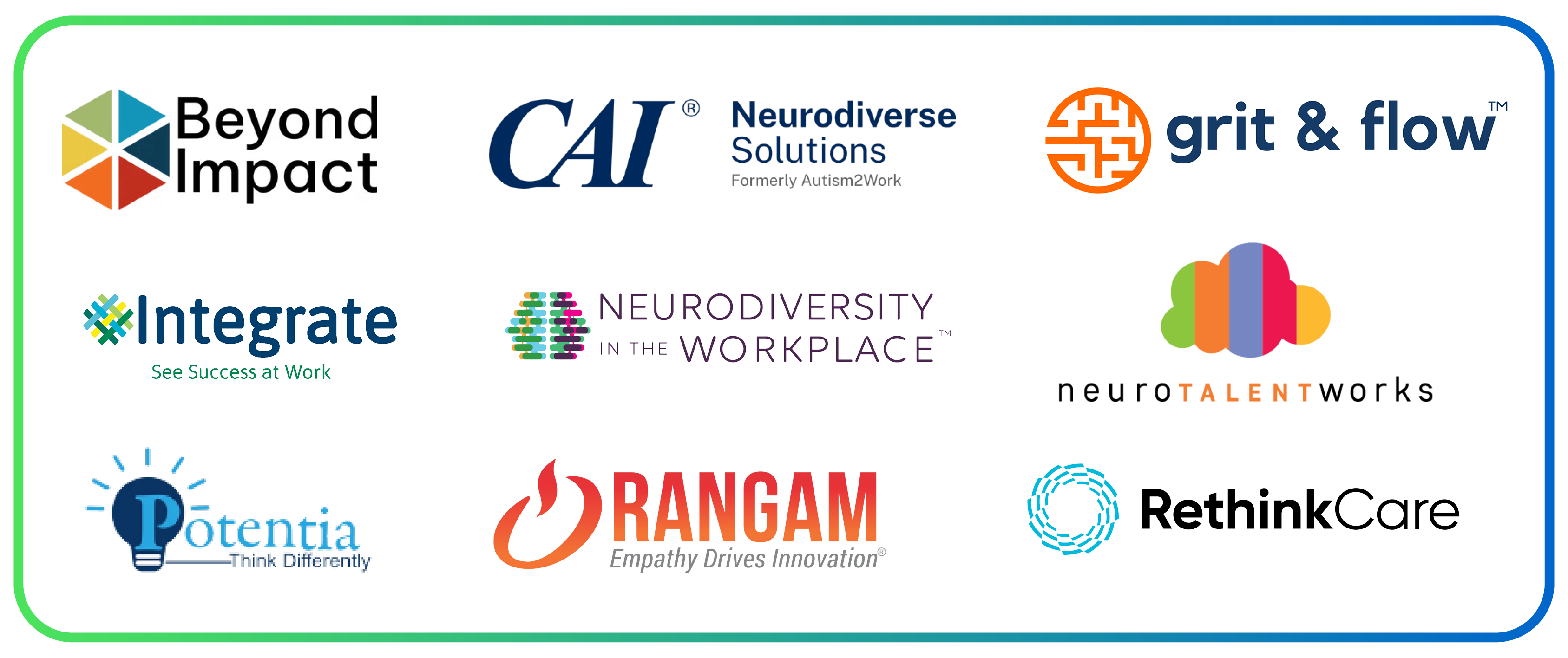 Beyond Impact, CAI, Grit & Flow, Integrate, Neurodiversity in the Workplace, Neurotalentworks, Potentia, Rangam, RethinkCare