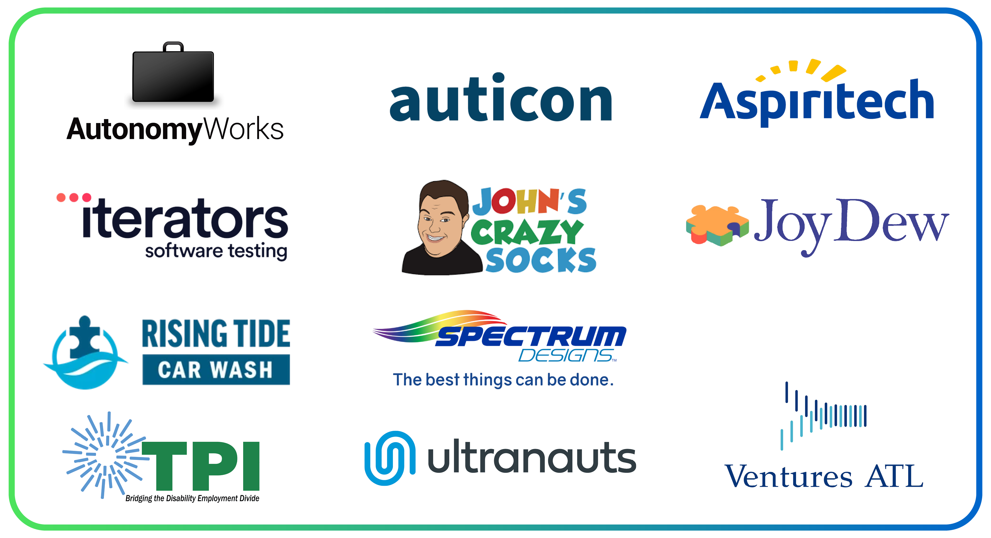Collection of logos of Aspiritech, Auticon, Autonomy Works, Iterators, John’s Crazy Socks, Joy Dew, Rising Tide Car Wash, Spectrum Designs, TPI, Ultranauts, Ventures ATL