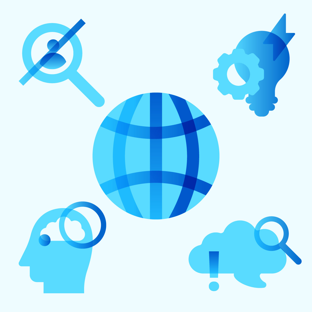 Group of sky blue mental health, self identification, neurodiversity, and idea icons with a globe icon in the center.