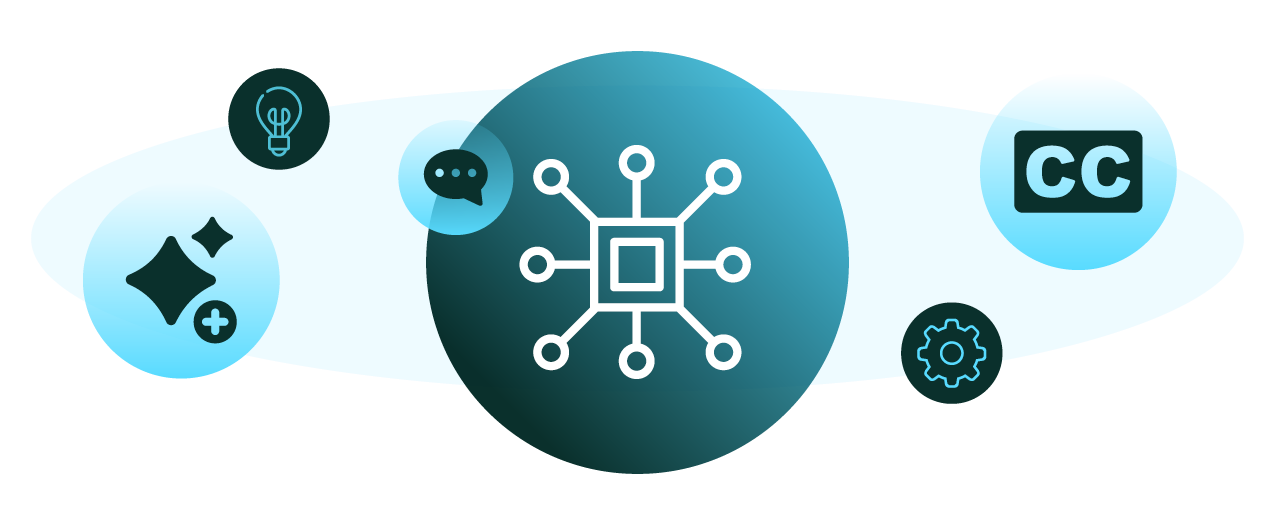 Network oval with various technology, innovation, captioning, communications, and adjustable icons.