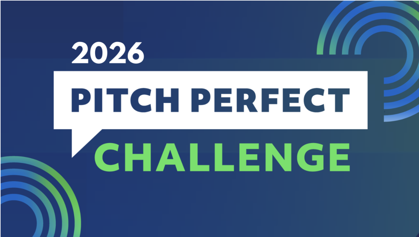 blue and green concentric circles appear in a gradient pattern behind the title 2026 Pitch Perfect Challenge.