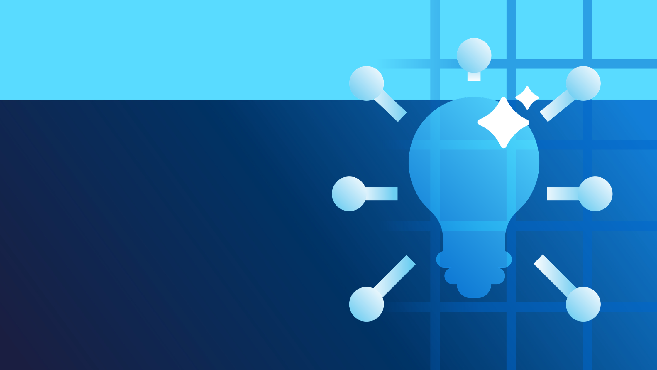 Illustration of a glowing blue lightbulb connected to surrounding nodes, symbolizing innovation, collaboration, and connected ideas. The graphic features a blue gradient background with a subtle grid pattern, leaving open space on the left for text.