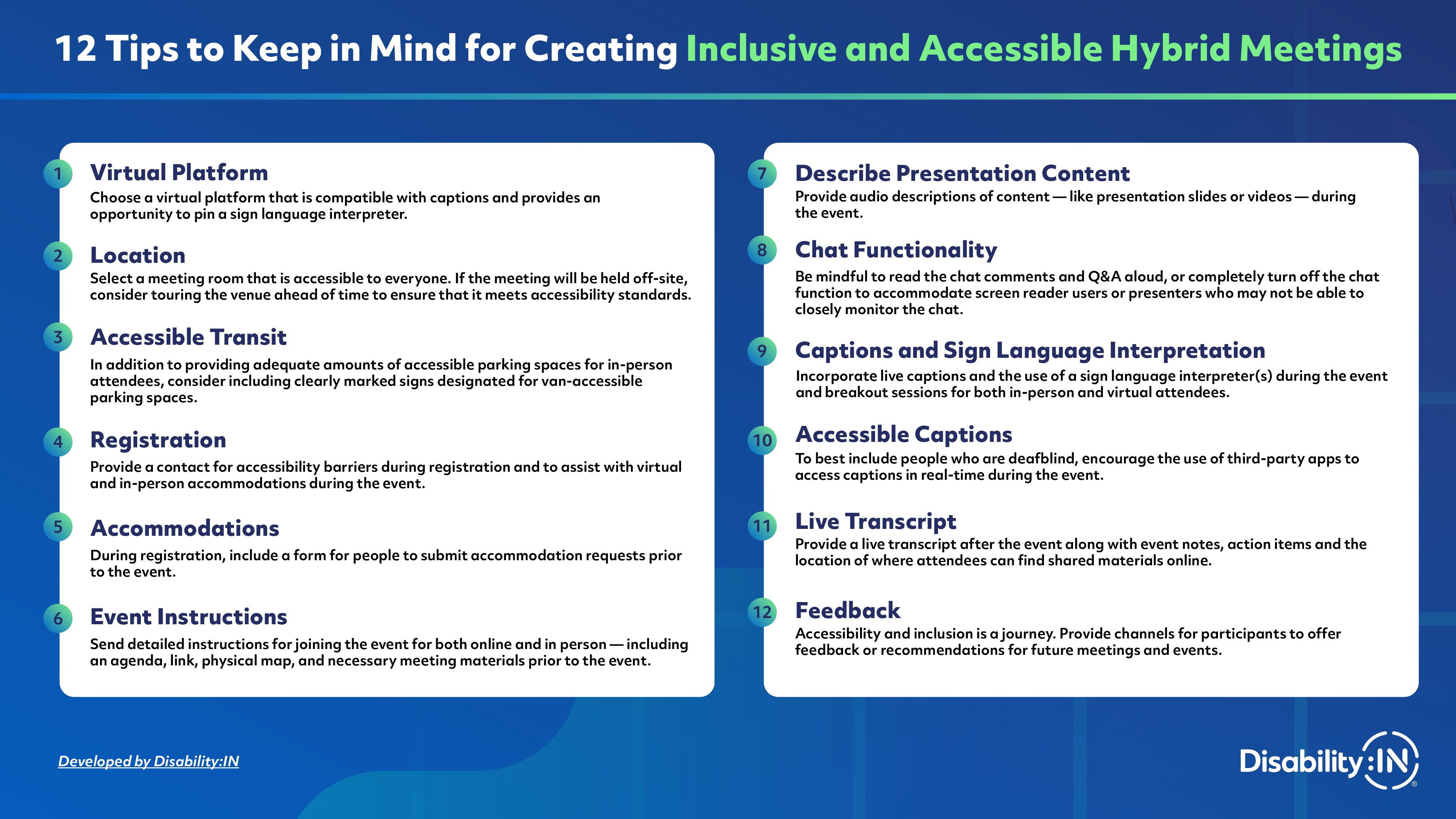 12 Tips to Keep in Mind for Creating Inclusive and Accessible Meetings. Full remediated PDF in download link.