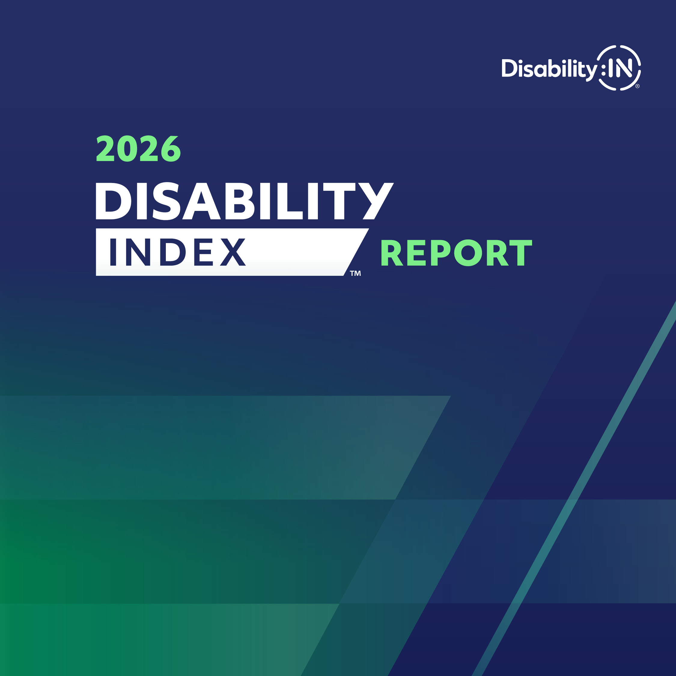 2026 Disability Index™ Report. Dark blue and fgreen angled gradient background.