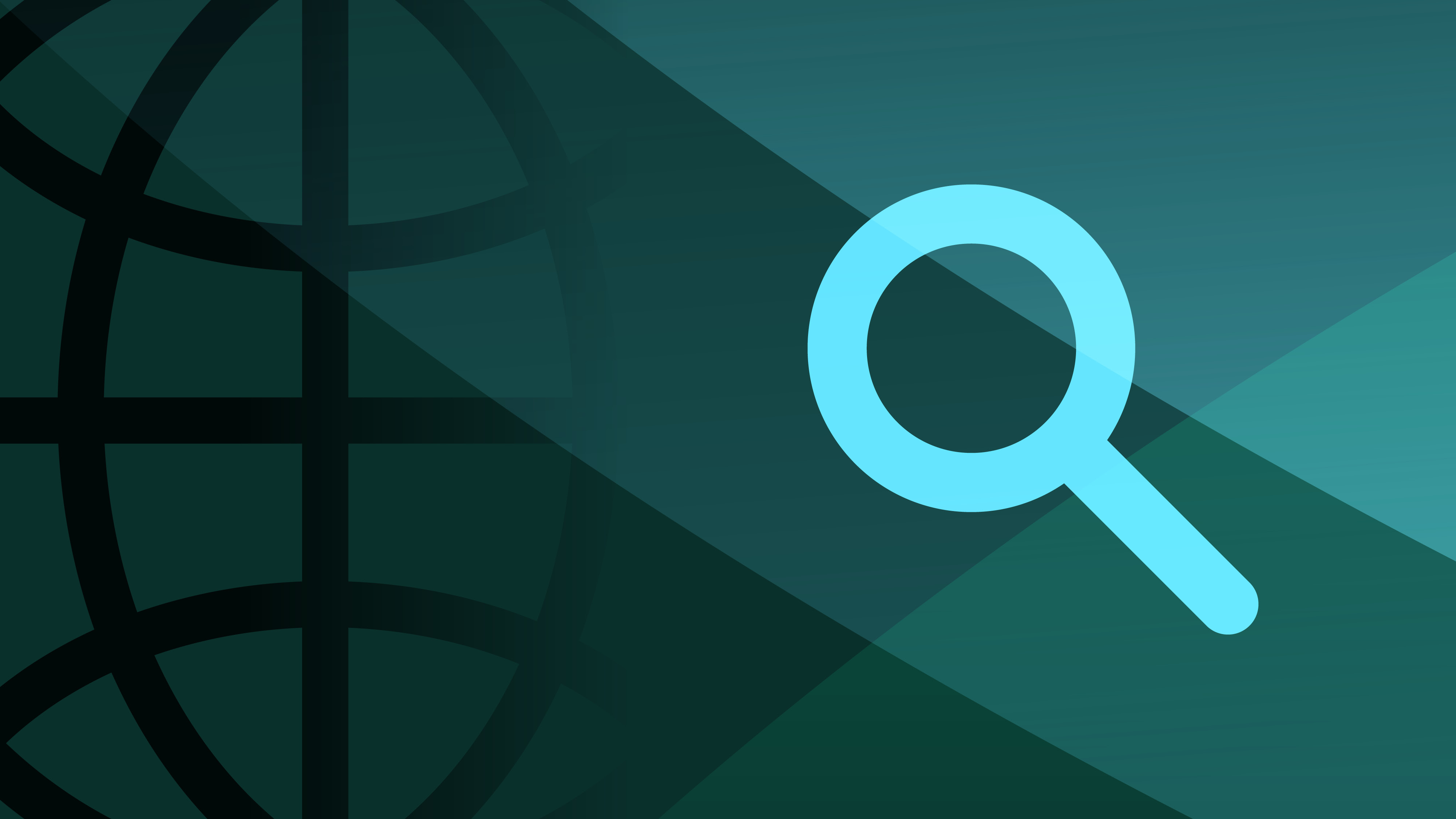 Dark green overlay background with network and magnifying glass icon.