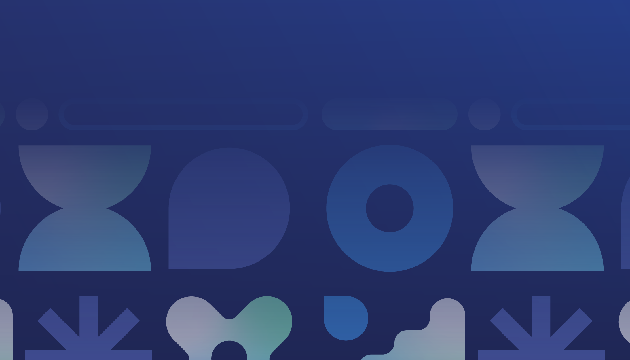 Small geometric shapes in blue and green gradients behind a dark blue filter.