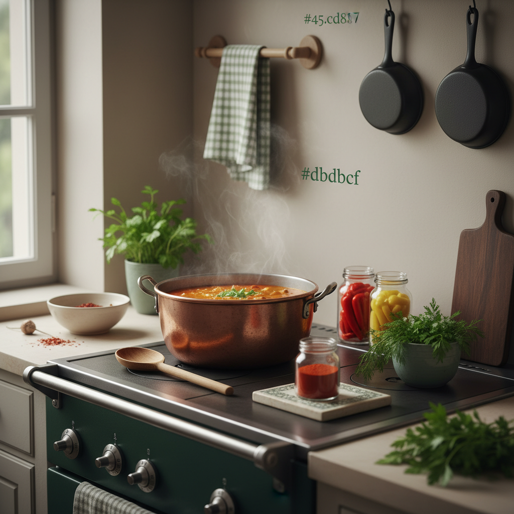 Topf mit Gulaschsuppe auf dem Herd, Holzlöffel, Gläser mit Paprika und frischen Kräutern in einer minimalistischen heimeligen Küche bei warmer natürlicher Beleuchtung.